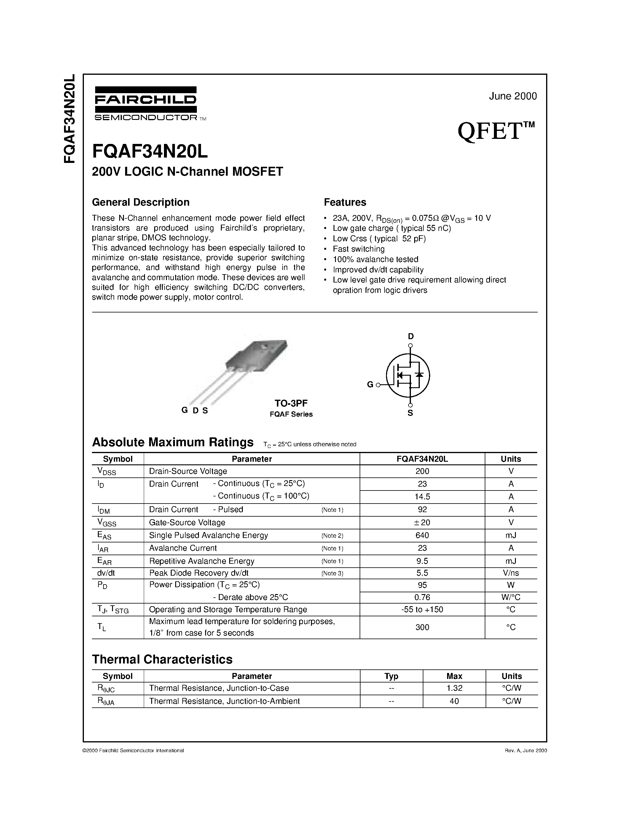 Даташит FQAF34N20L - 200V LOGIC N-Channel MOSFET страница 1
