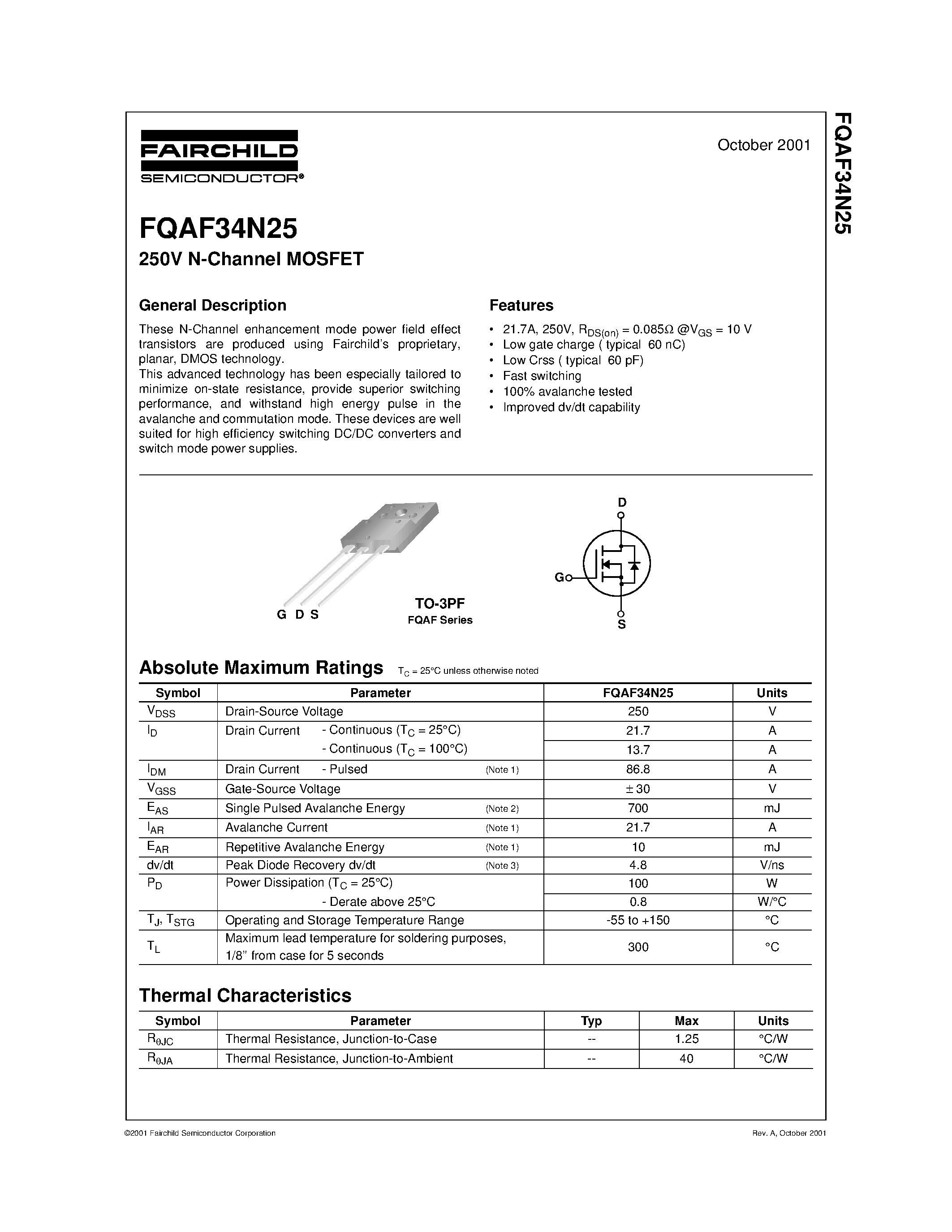 Datasheet FQAF34N25 - 250V N-Channel MOSFET page 1