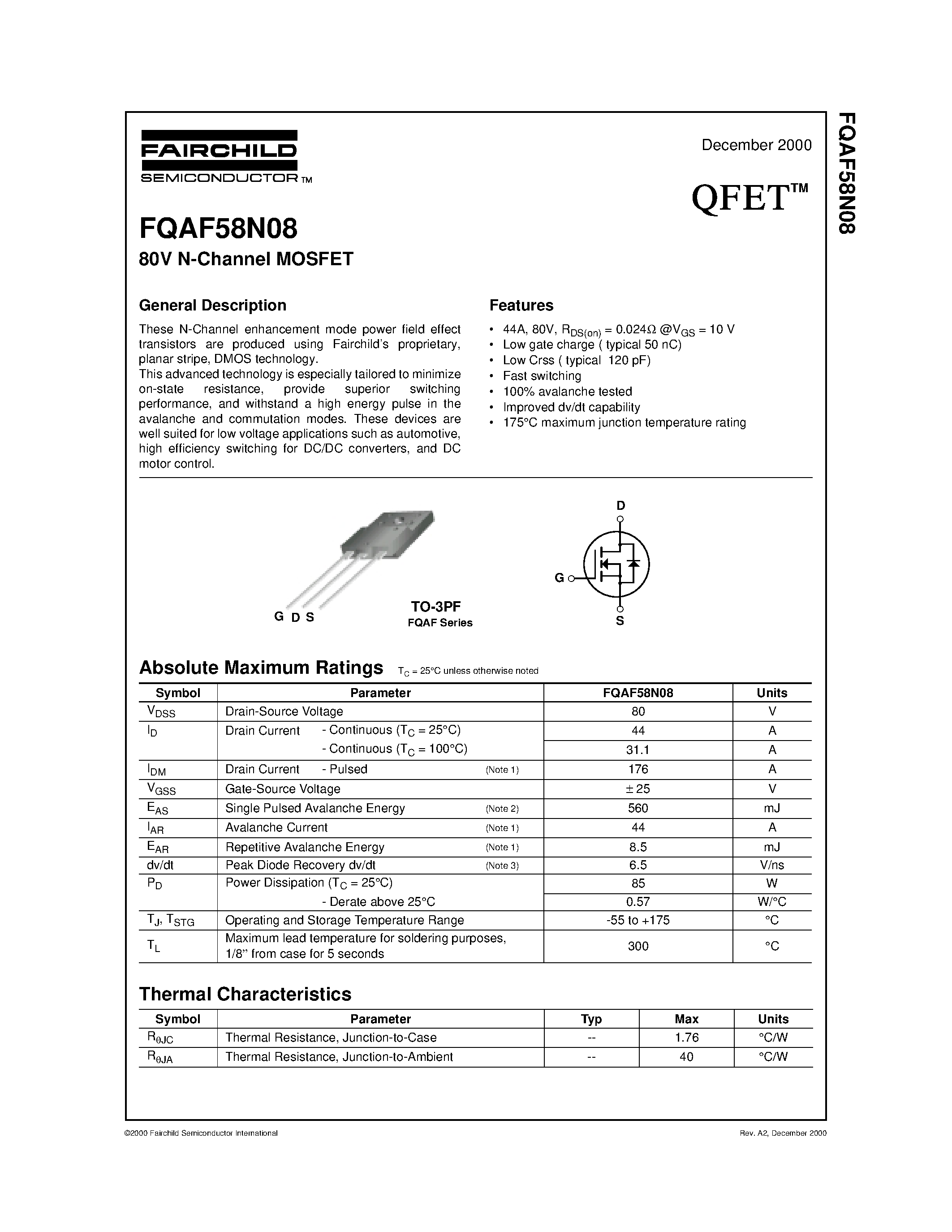 Даташит FQAF58N08 - 80V N-Channel MOSFET страница 1