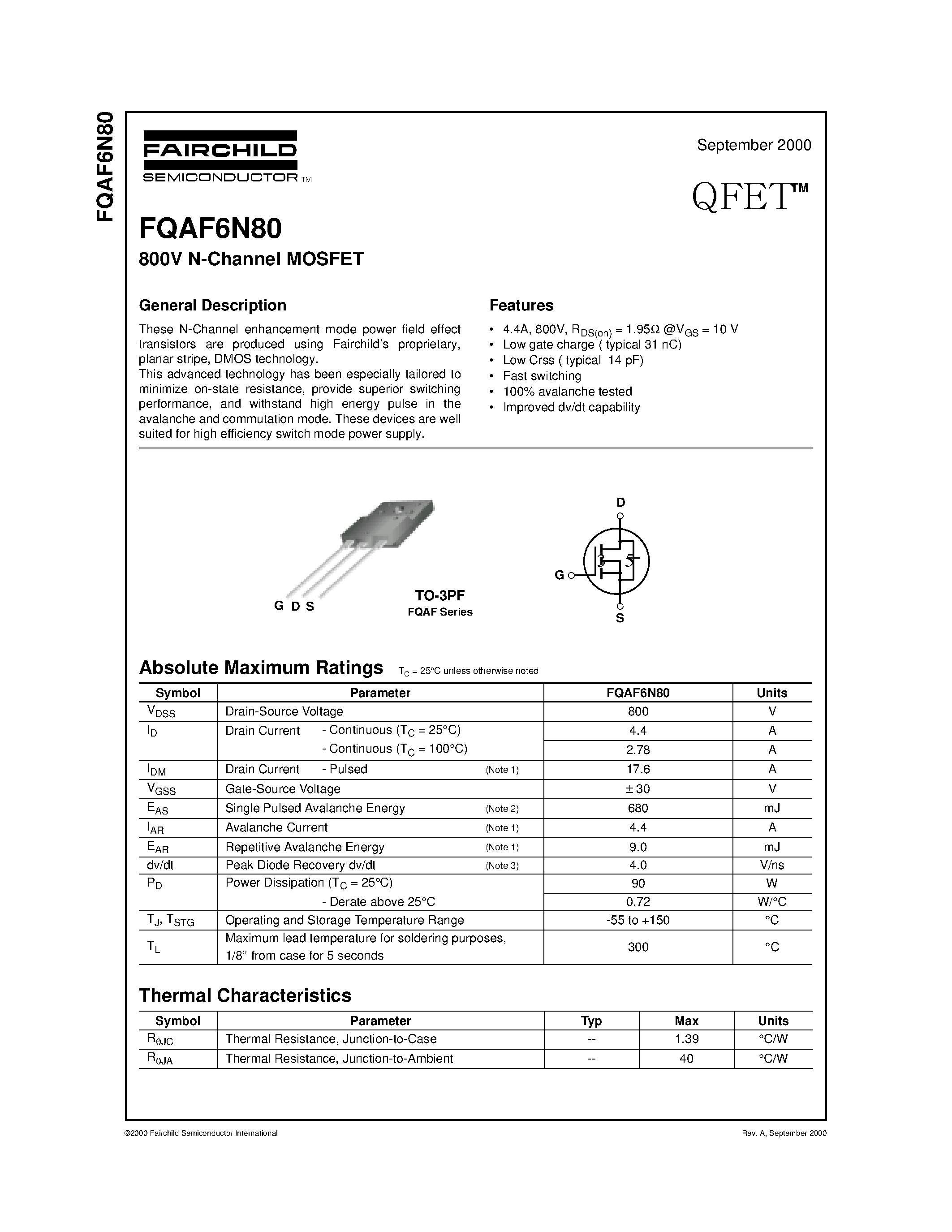 Datasheet FQAF6N80 - 800V N-Channel MOSFET page 1