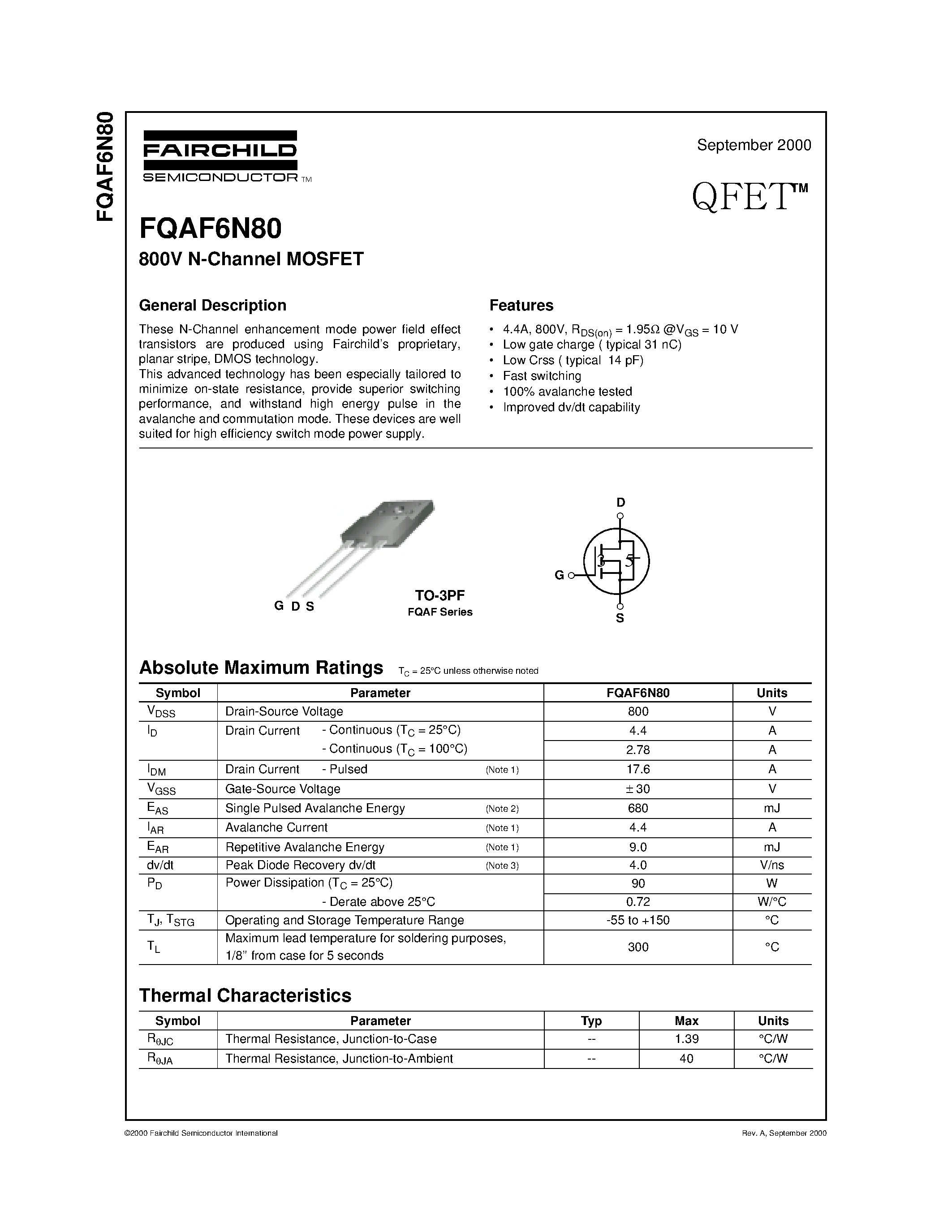 Даташит FQAF6N80 - 800V N-Channel MOSFET страница 1