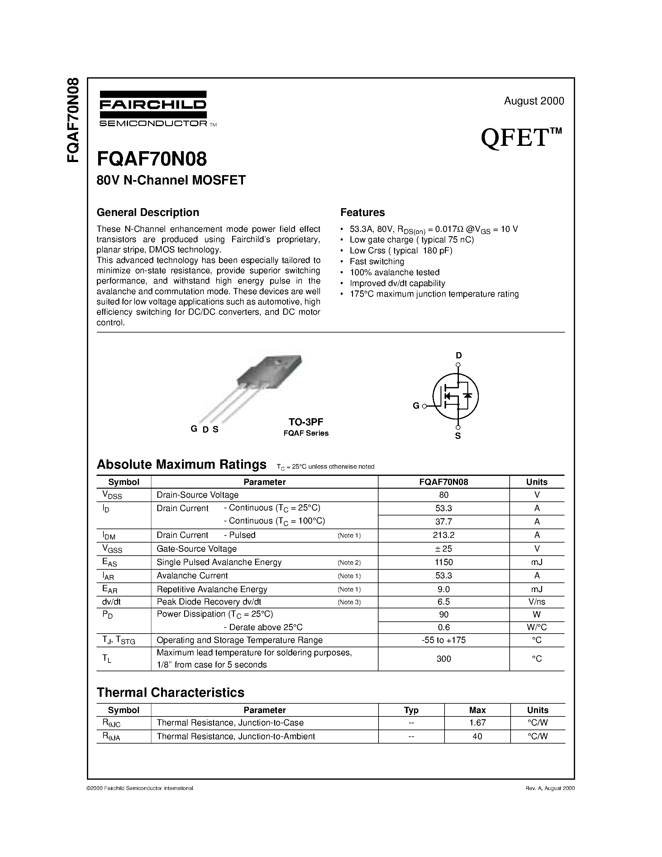 Даташит FQAF70N08 - 80V N-Channel MOSFET страница 1