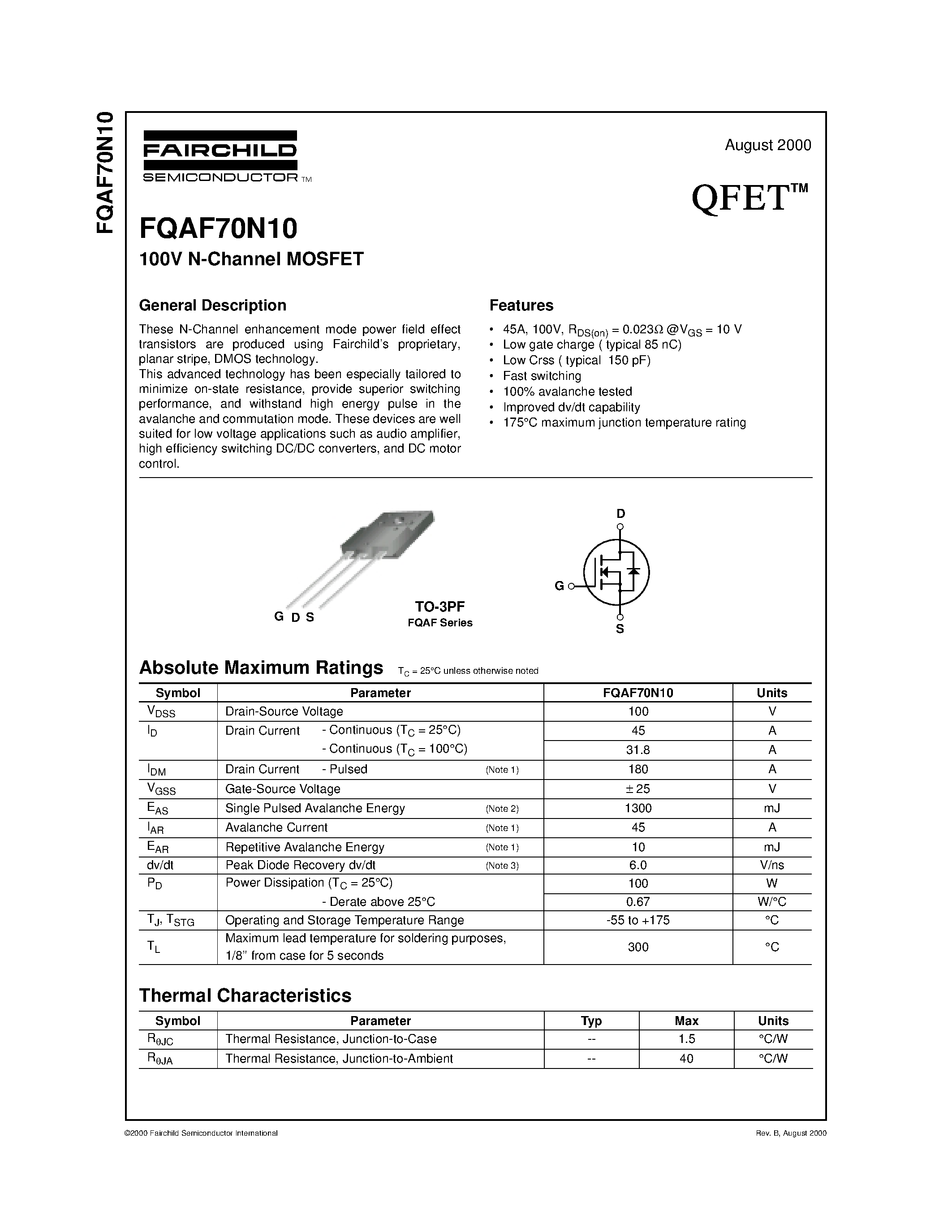 Даташит FQAF70N10 - 100V N-Channel MOSFET страница 1