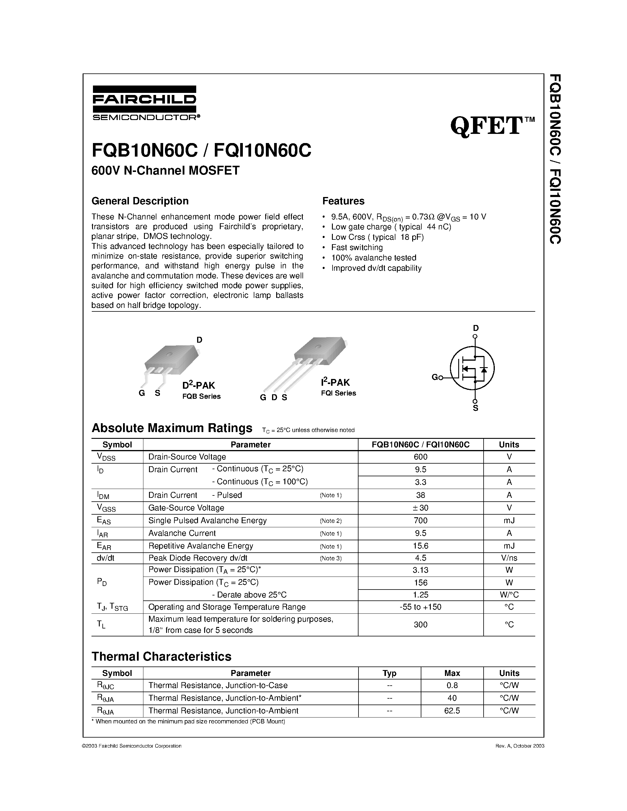 Datasheet FQB10N60C - 600V N-Channel MOSFET page 1