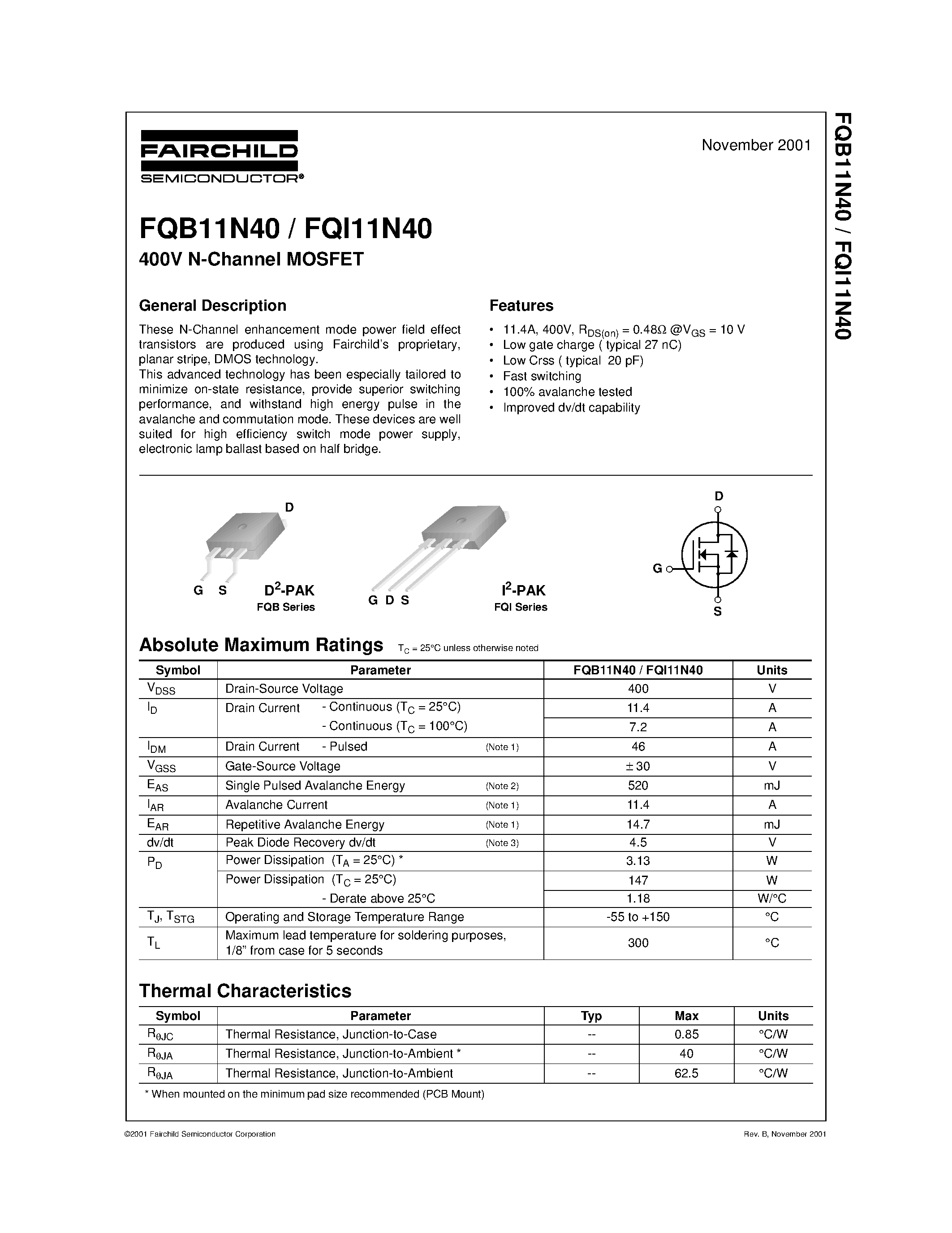 Datasheet FQB11N40 - 400V N-Channel MOSFET page 1