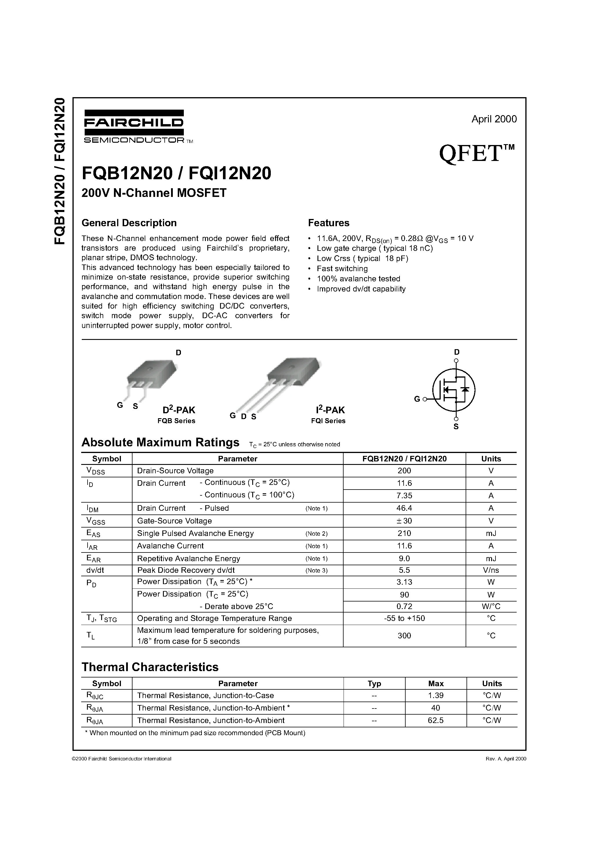 Datasheet FQB12N20 - 200V N-Channel MOSFET page 1