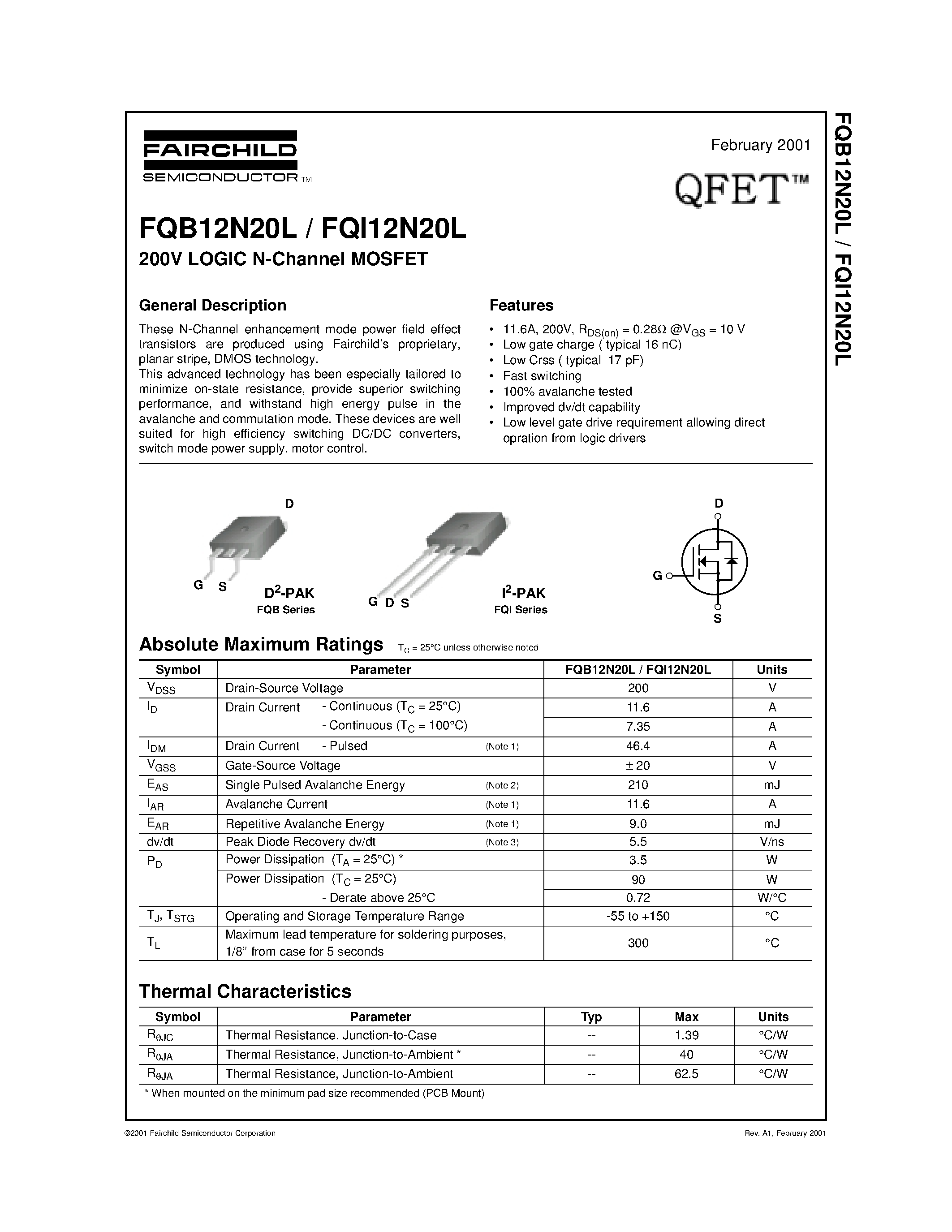 Datasheet FQB12N20L - 200V LOGIC N-Channel MOSFET page 1