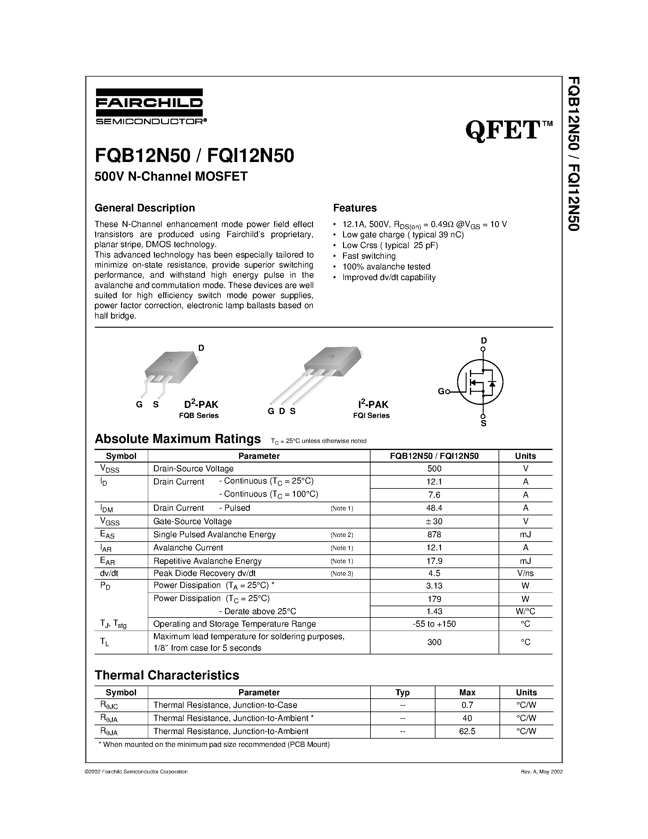 Datasheet FQB12N50 - 500V N-Channel MOSFET page 1