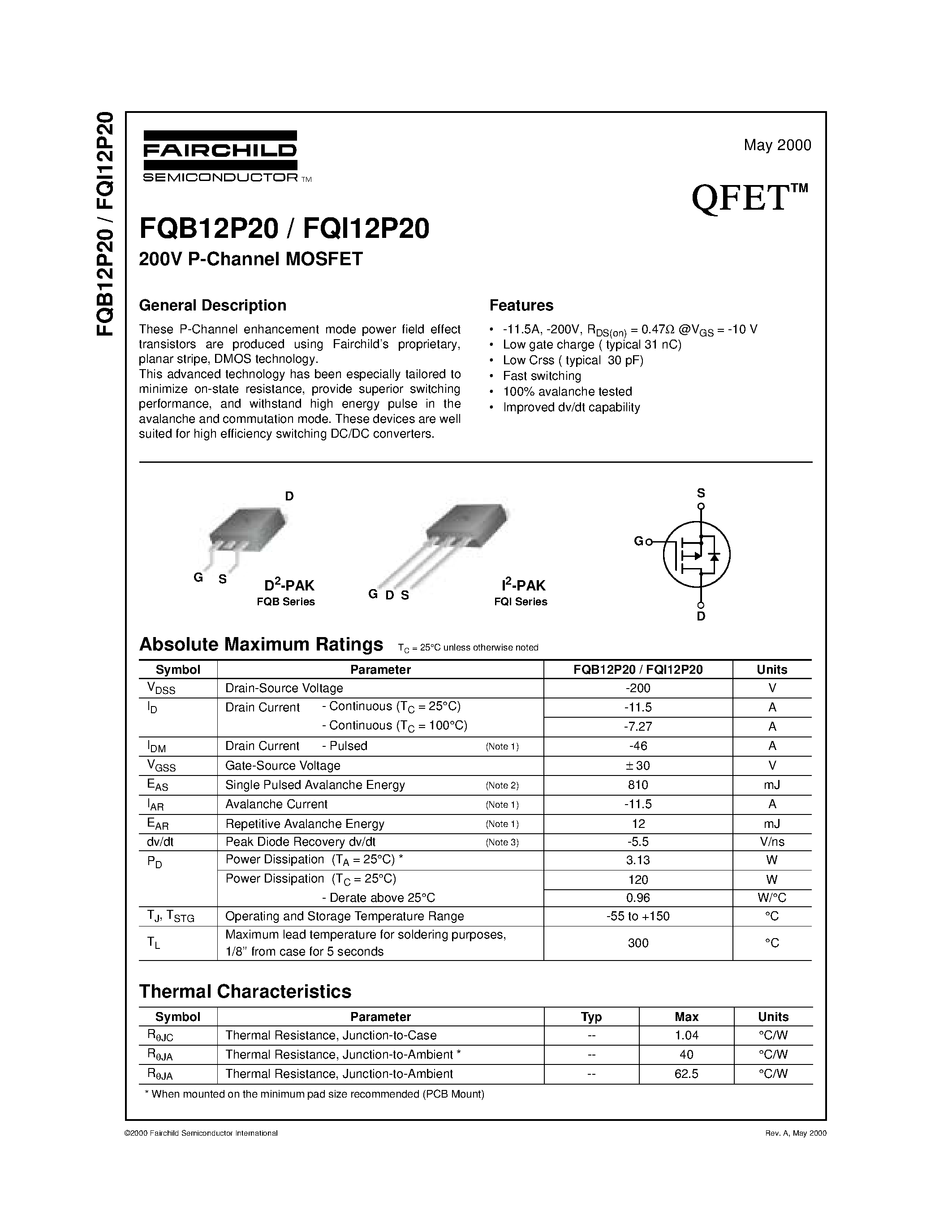 Datasheet FQB12P20 - 200V P-Channel MOSFET page 1