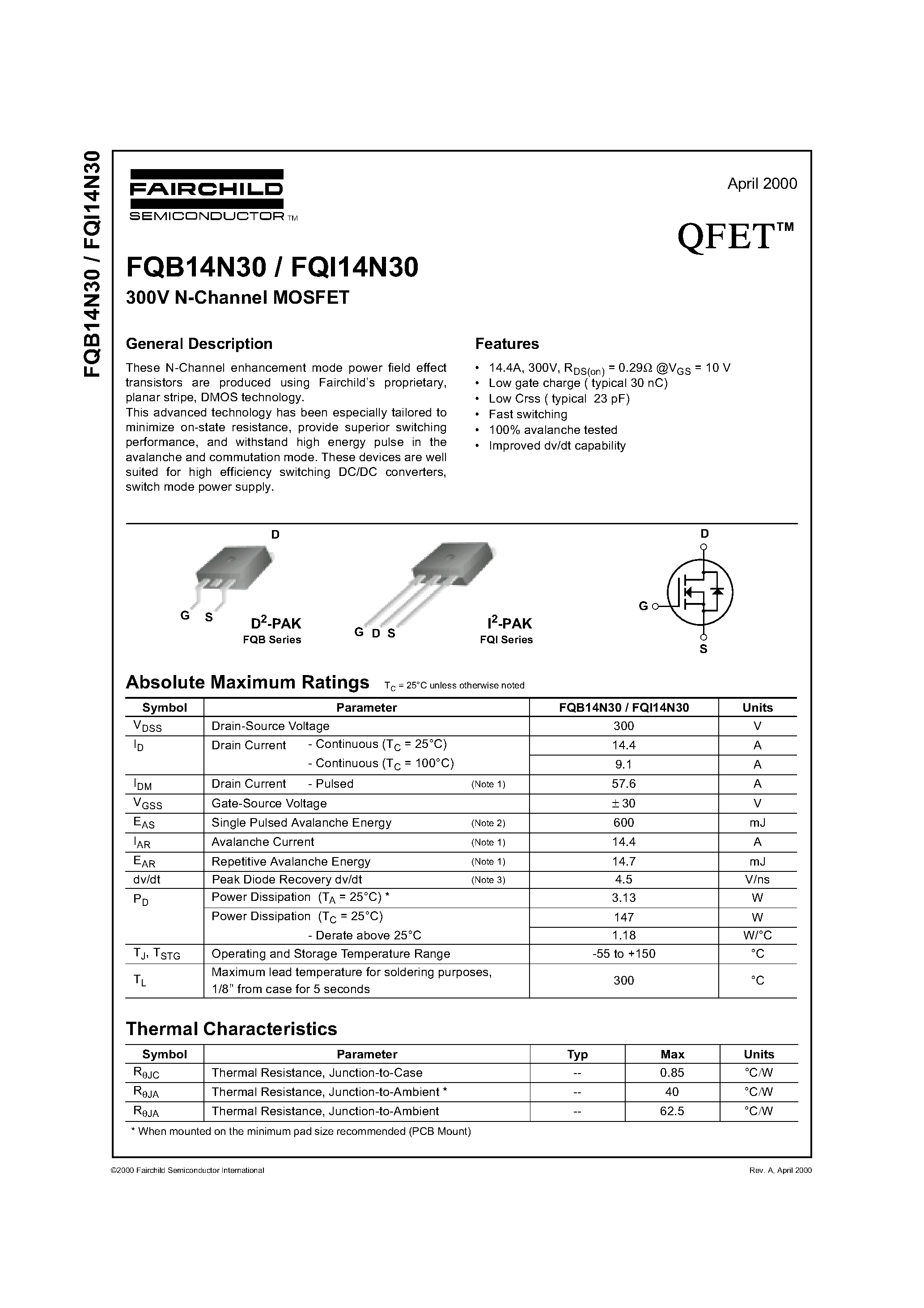 Datasheet FQB14N30 - 300V N-Channel MOSFET page 1