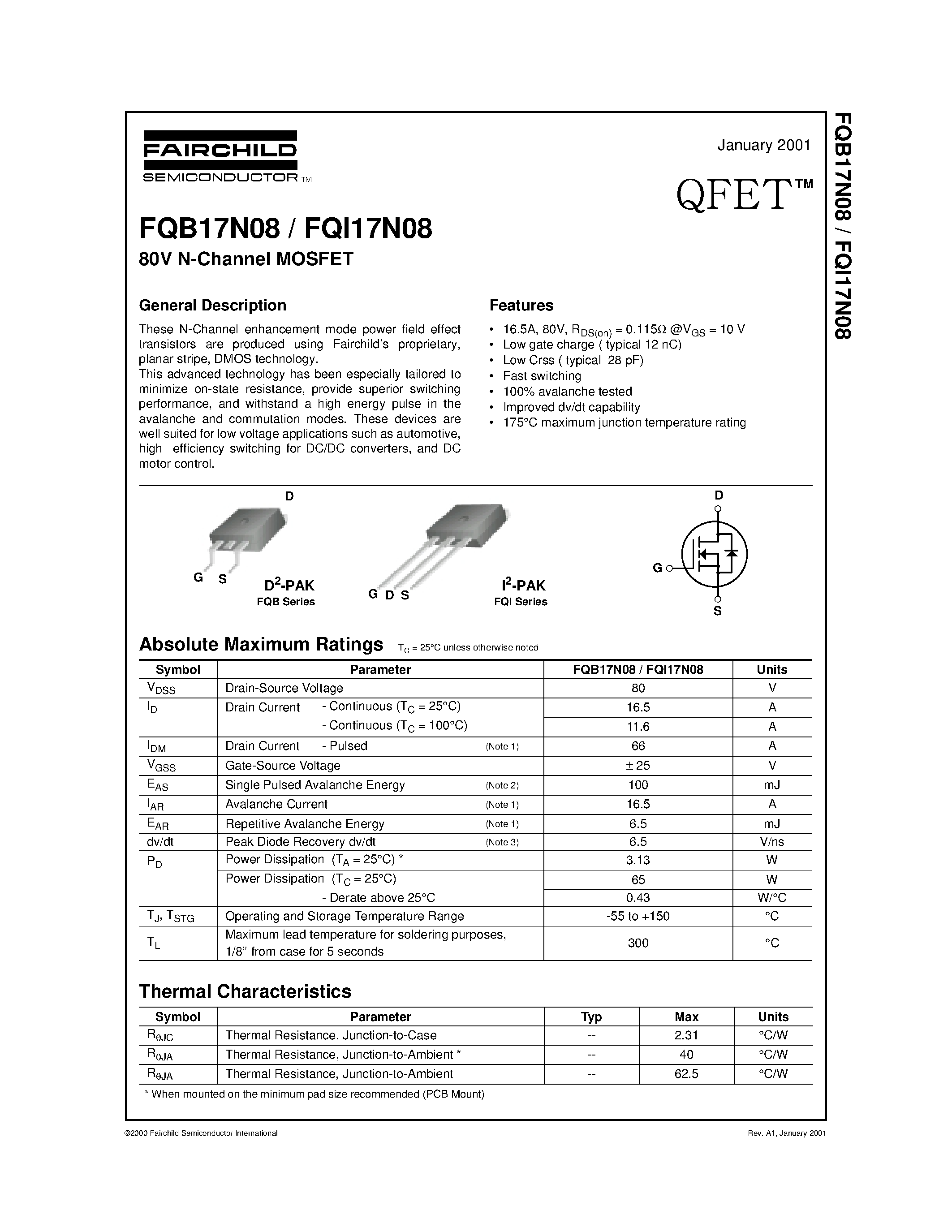 Datasheet FQB17N08 - 80V N-Channel MOSFET page 1