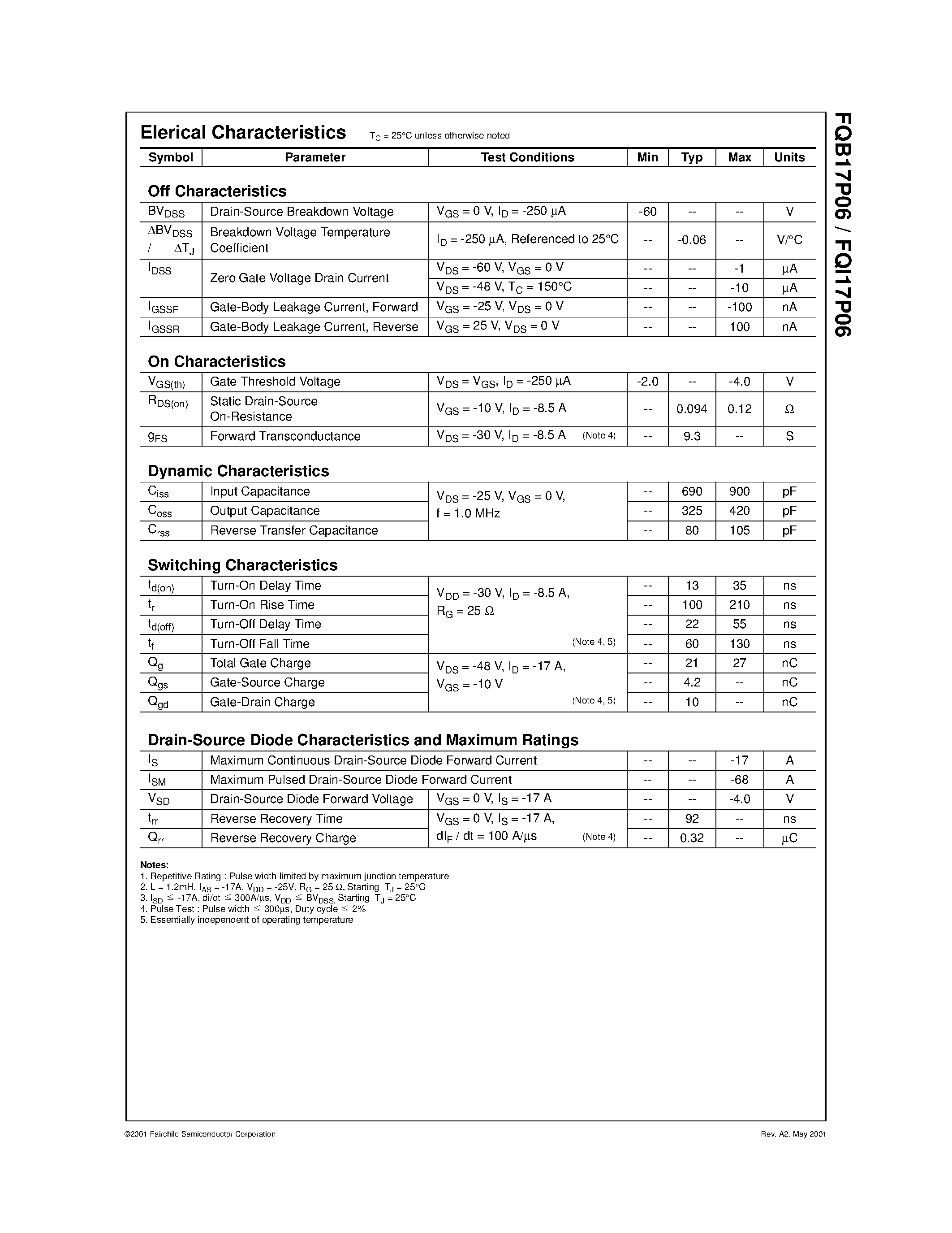 Datasheet FQB17P06 page 2 Datasheet FQB17P06 - 60V P-Channel MOSFET page 2