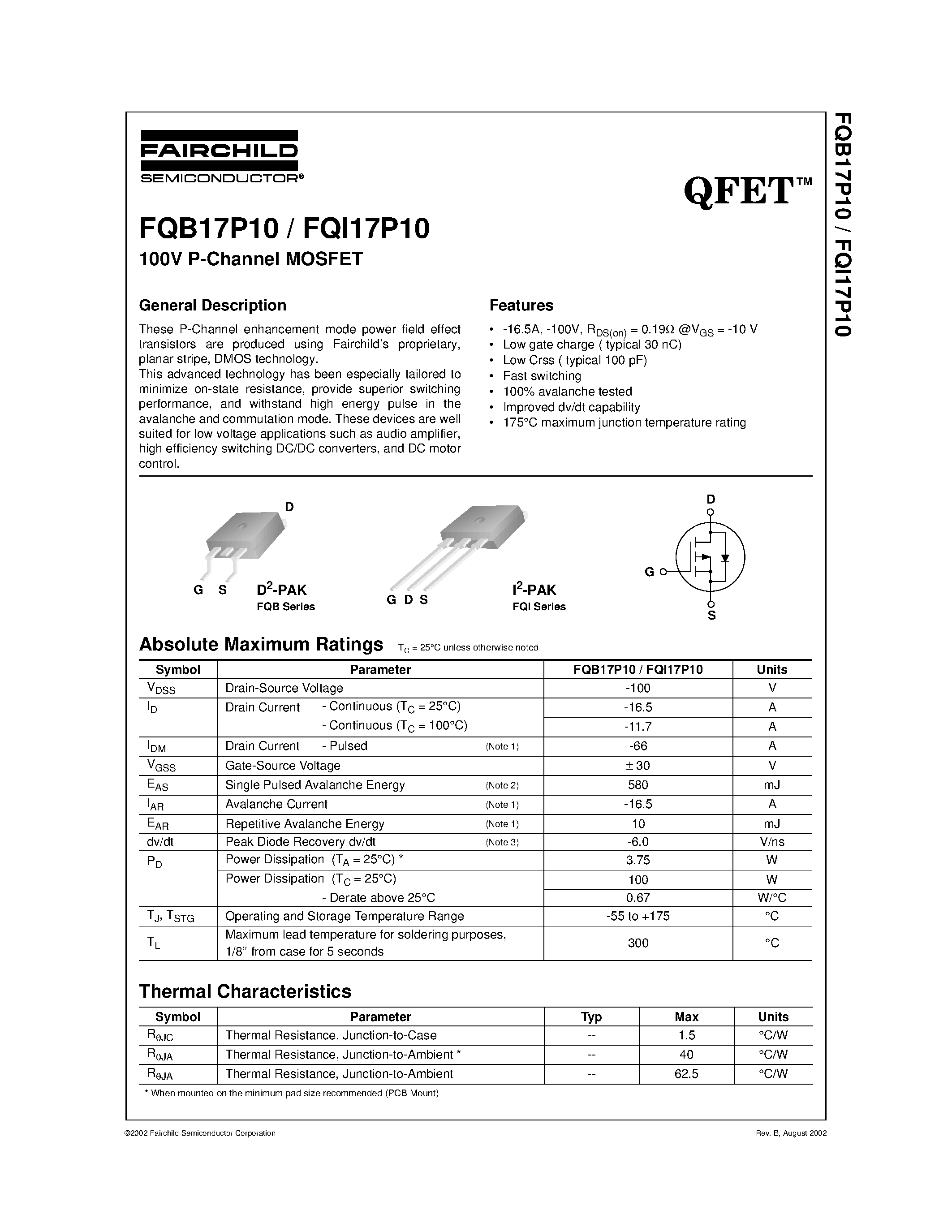 Datasheet FQB17P10 - 100V P-Channel MOSFET page 1