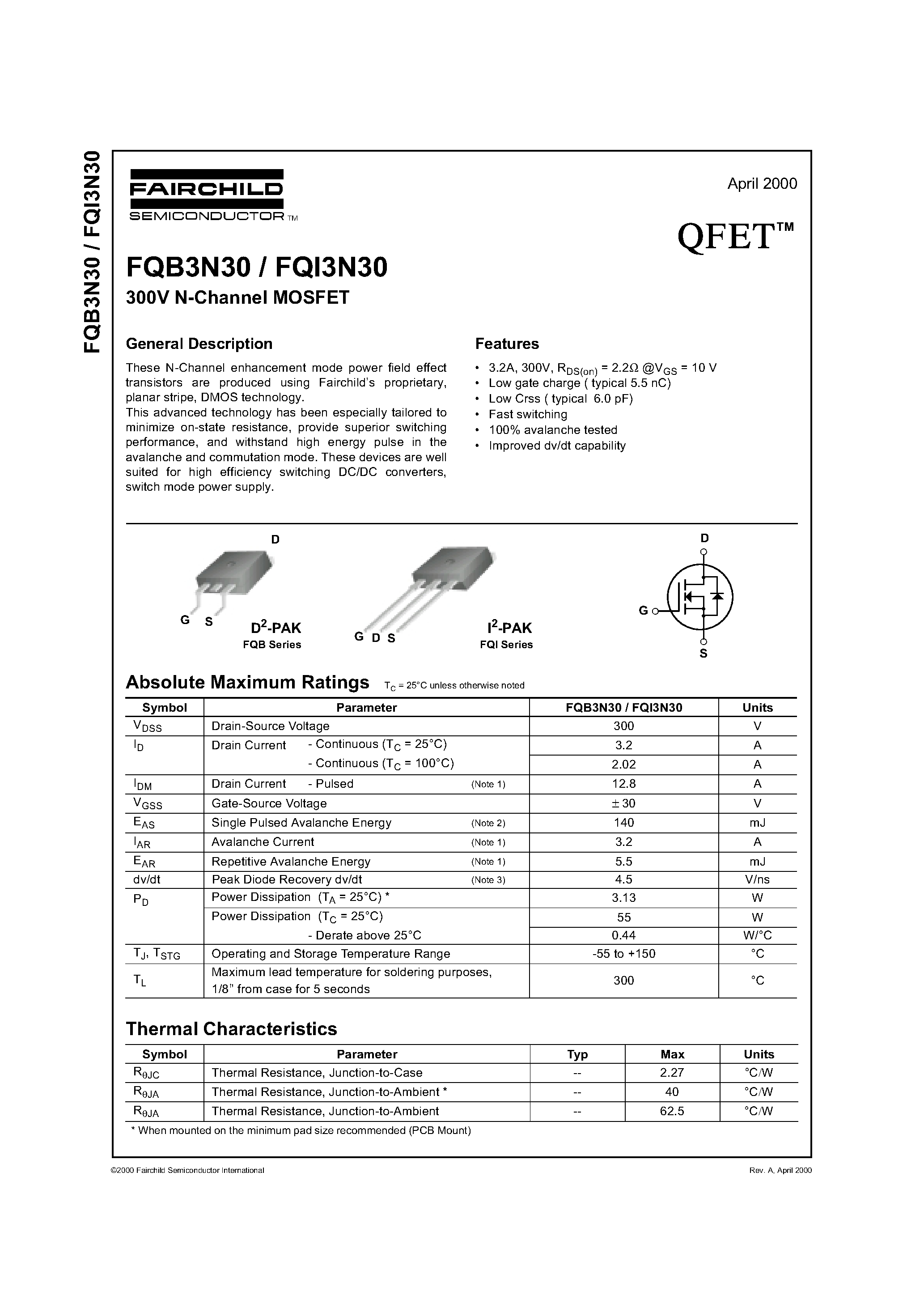 Datasheet FQB3N30 - 300V N-Channel MOSFET page 1