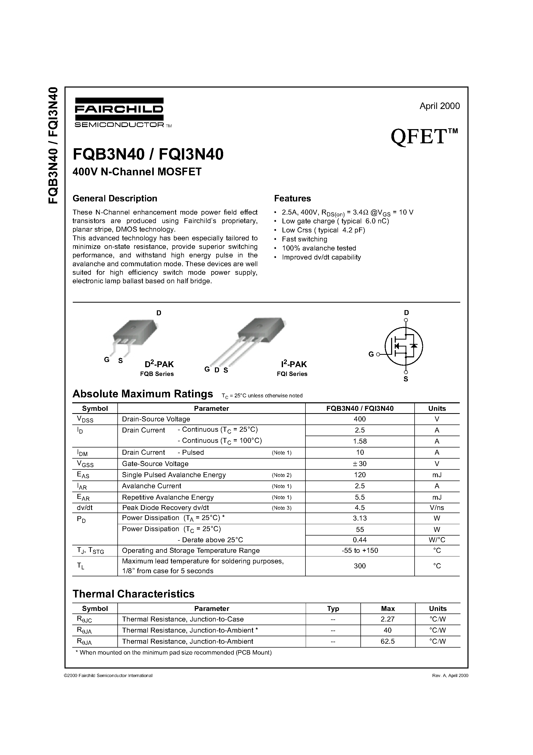 Datasheet FQB3N40 - 400V N-Channel MOSFET page 1