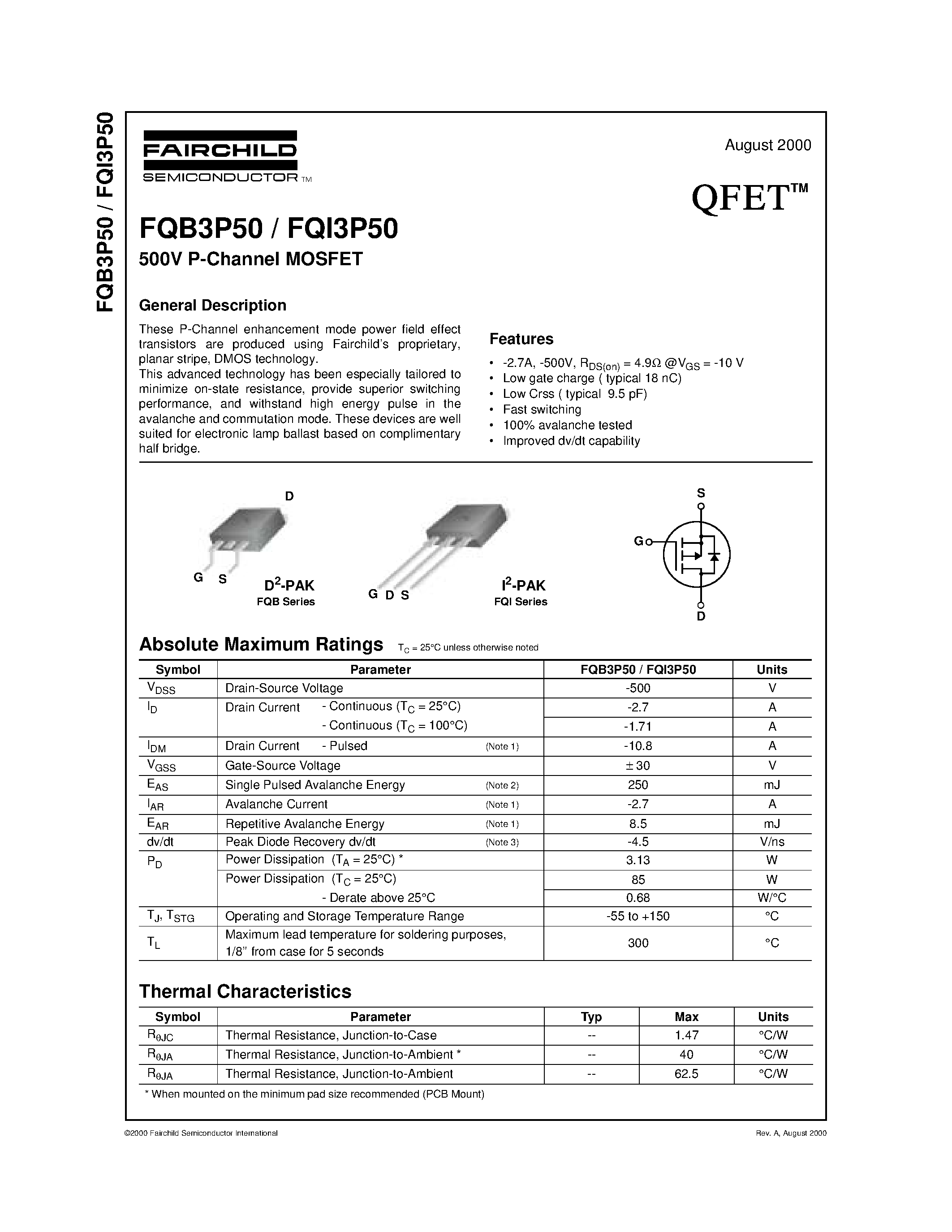 Datasheet FQB3P50 - 500V P-Channel MOSFET page 1