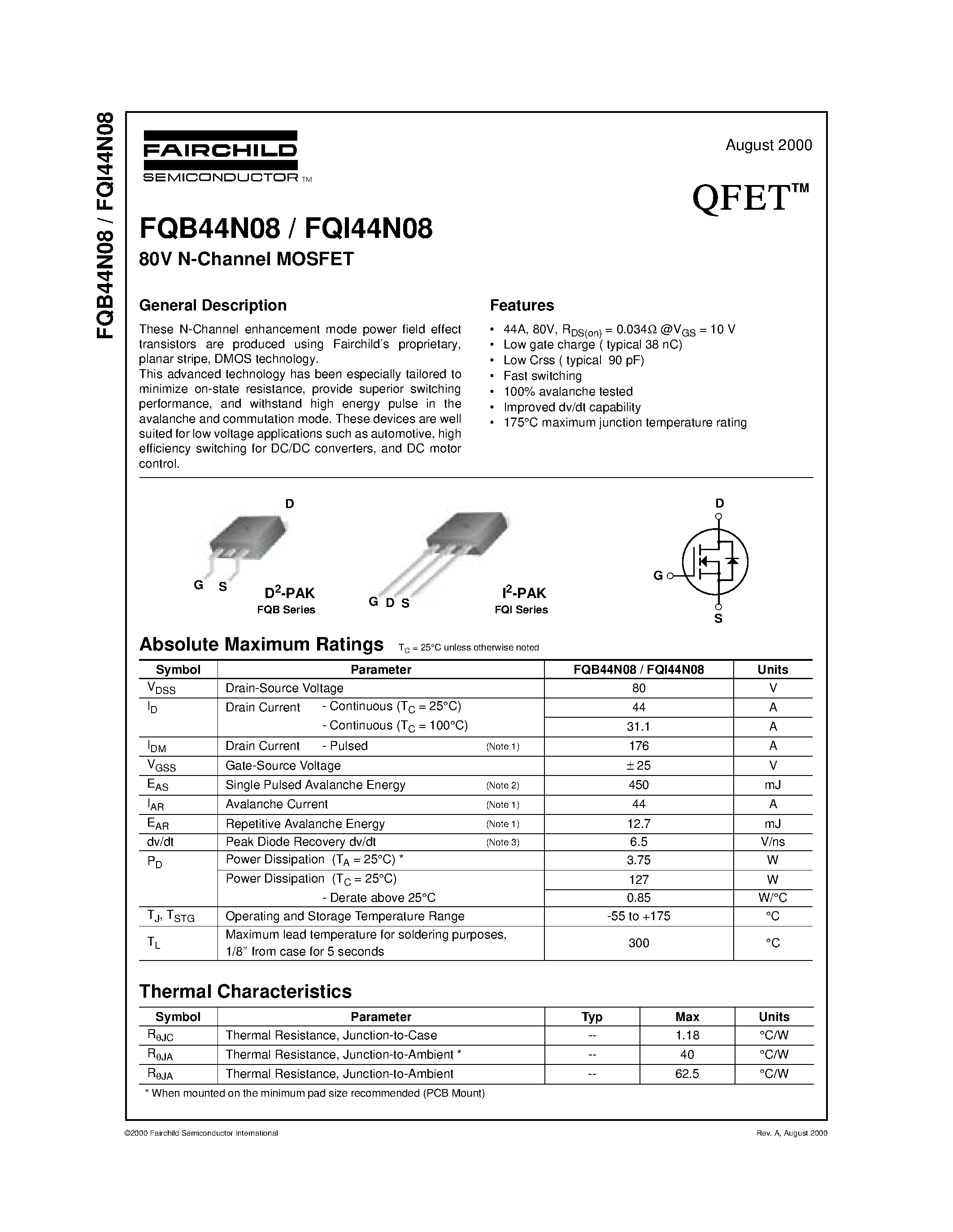 Datasheet FQB44N08 - 80V N-Channel MOSFET page 1