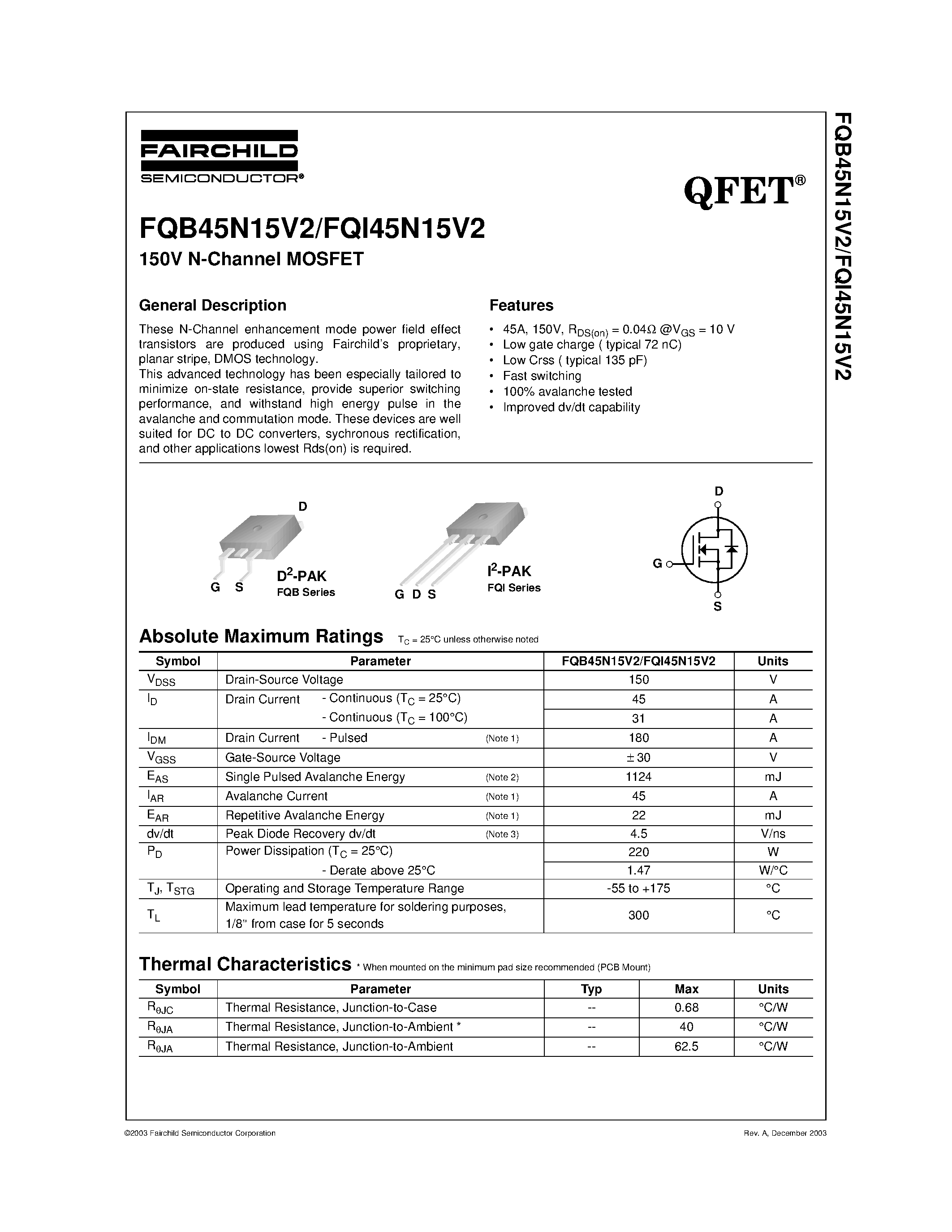 Datasheet FQB45N15V2 - 150V N-Channel MOSFET page 1