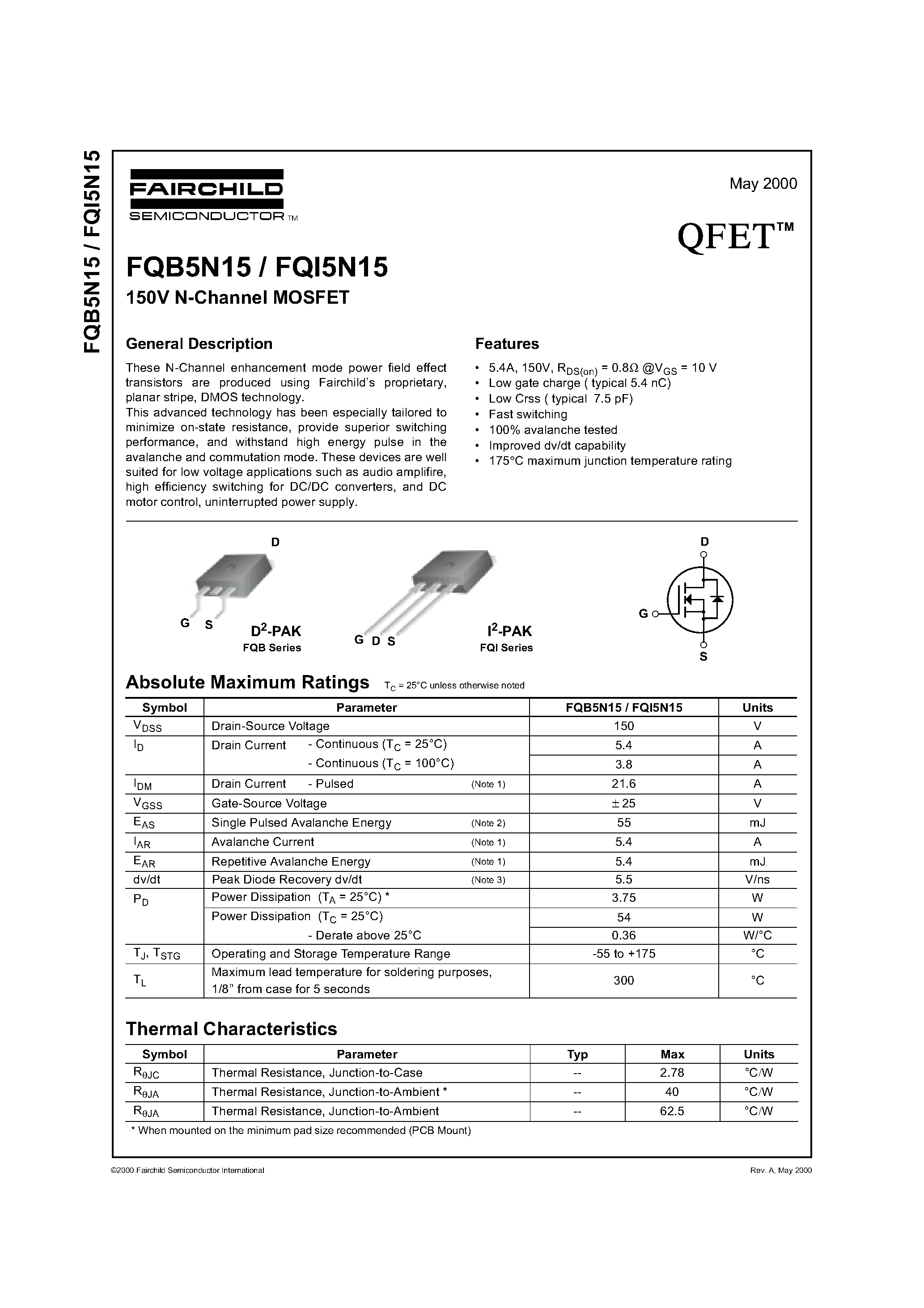 Datasheet FQB5N15 - 150V N-Channel MOSFET page 1