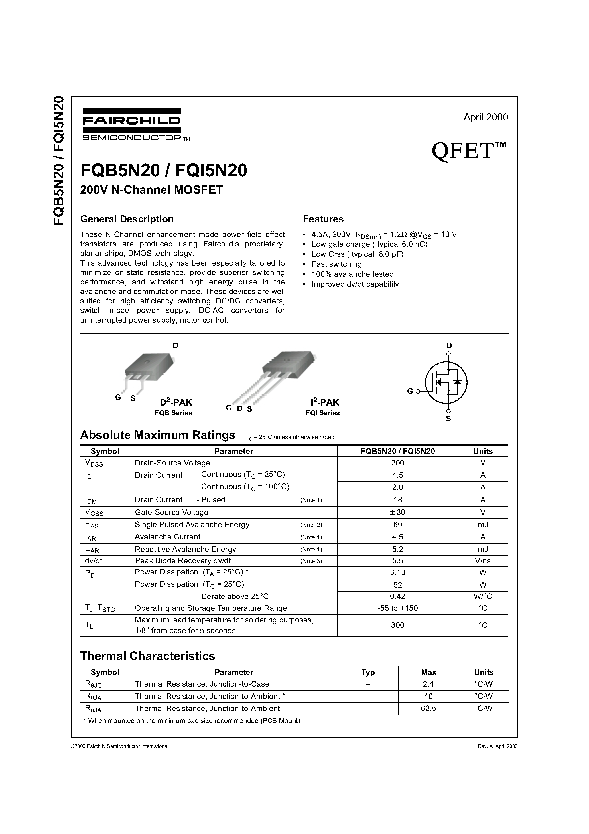 Datasheet FQB5N20 - 200V N-Channel MOSFET page 1