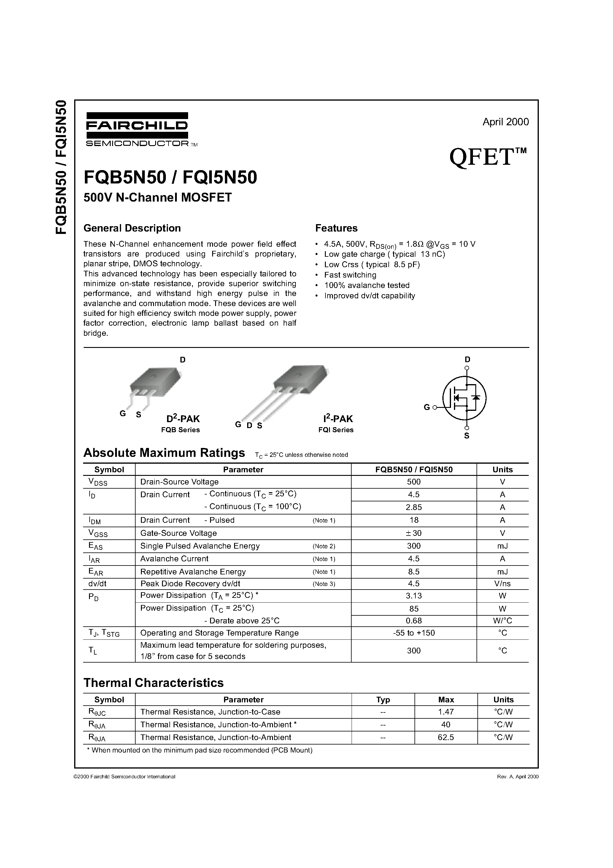 Datasheet FQB5N50 - 500V N-Channel MOSFET page 1