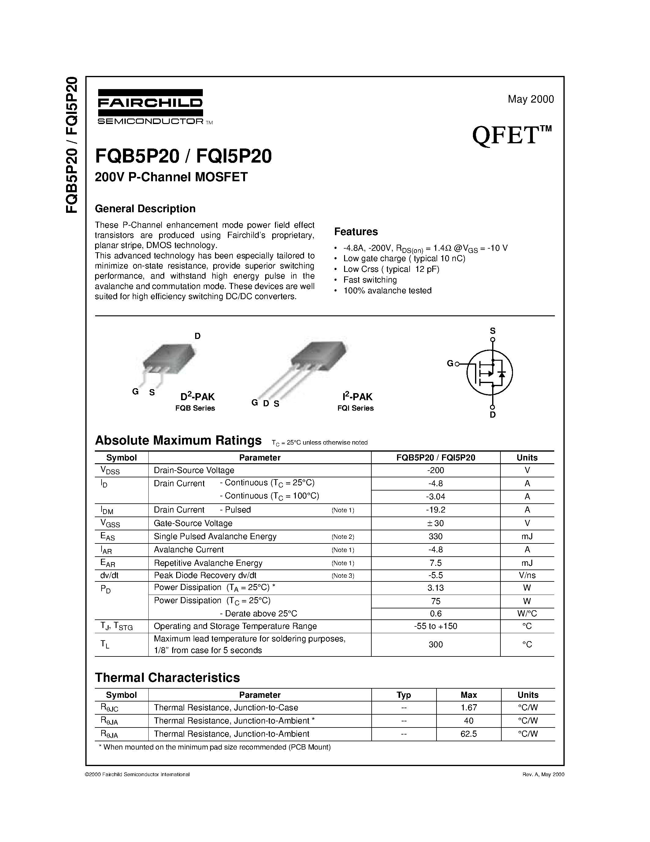 Datasheet FQB5P20 page 1 Datasheet FQB5P20 - 200V P-Channel MOSFET page 1