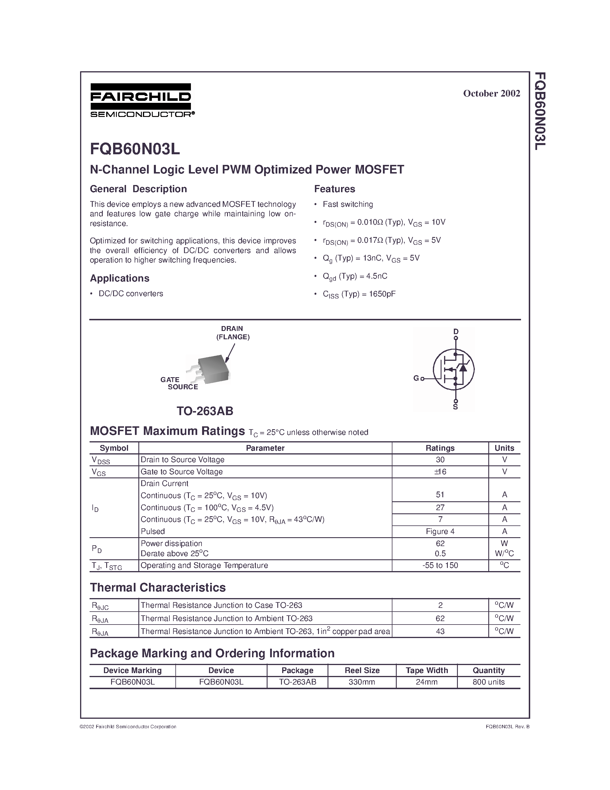 Datasheet FQB60N03L - N-Channel Logic Level PWM Optimized Power MOSFET page 1