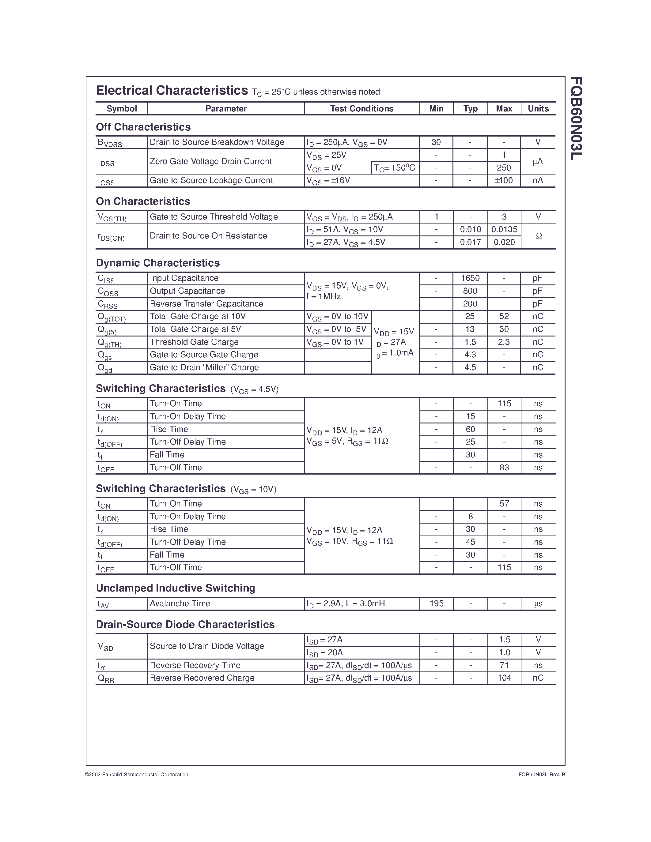 Datasheet FQB60N03L - N-Channel Logic Level PWM Optimized Power MOSFET page 2