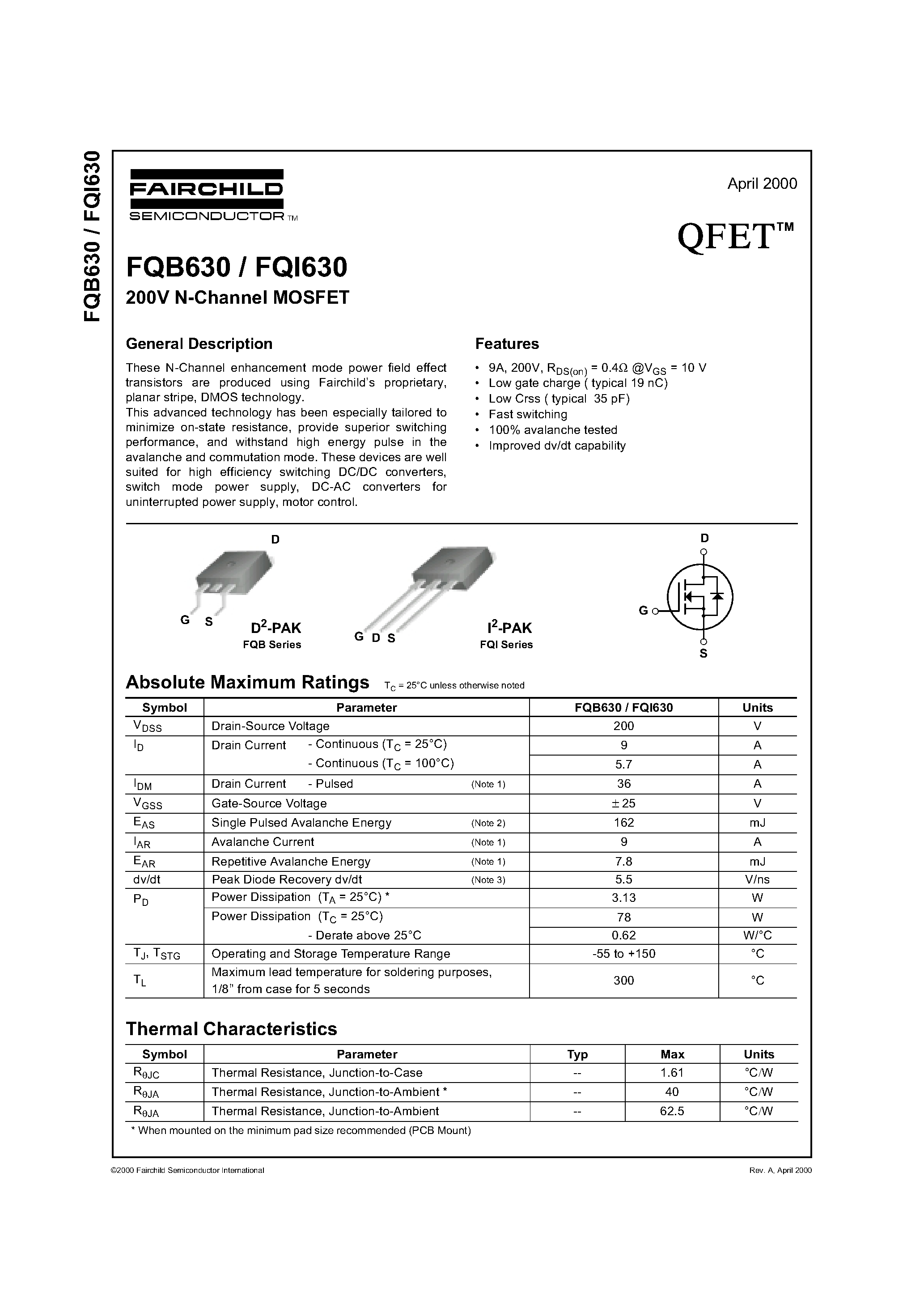 Datasheet FQB630 - 200V N-Channel MOSFET page 1