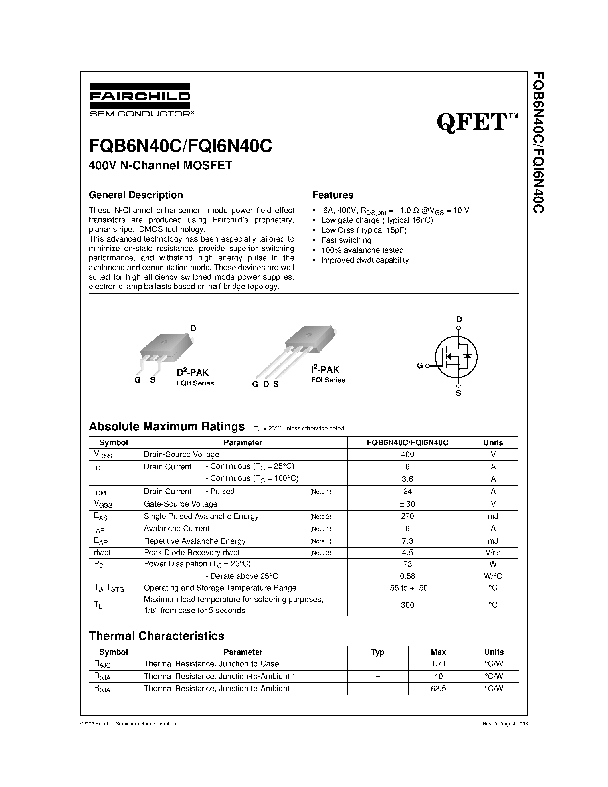 Datasheet FQB6N40C - 400V N-Channel MOSFET page 1