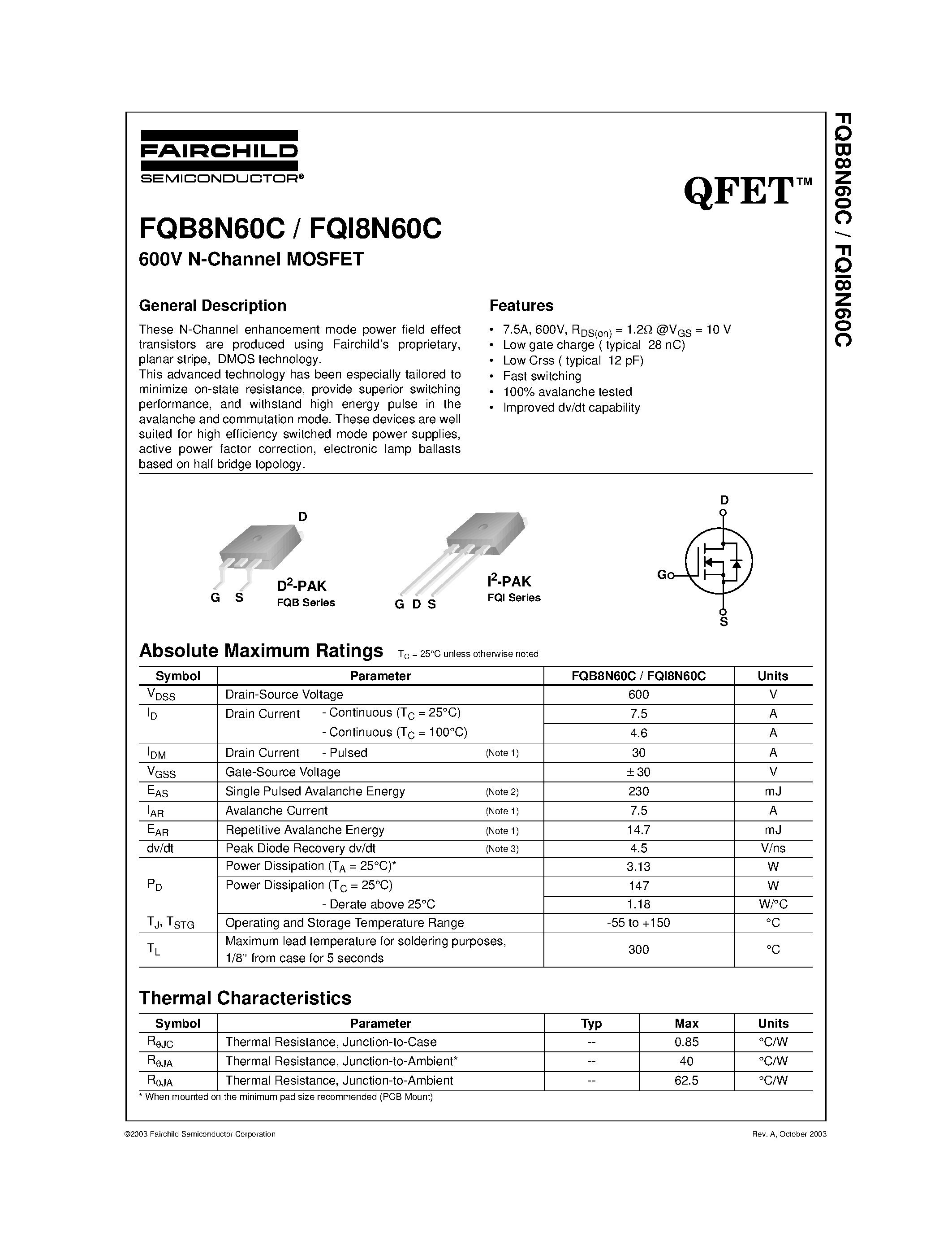 Datasheet FQB8N60C - 600V N-Channel MOSFET page 1
