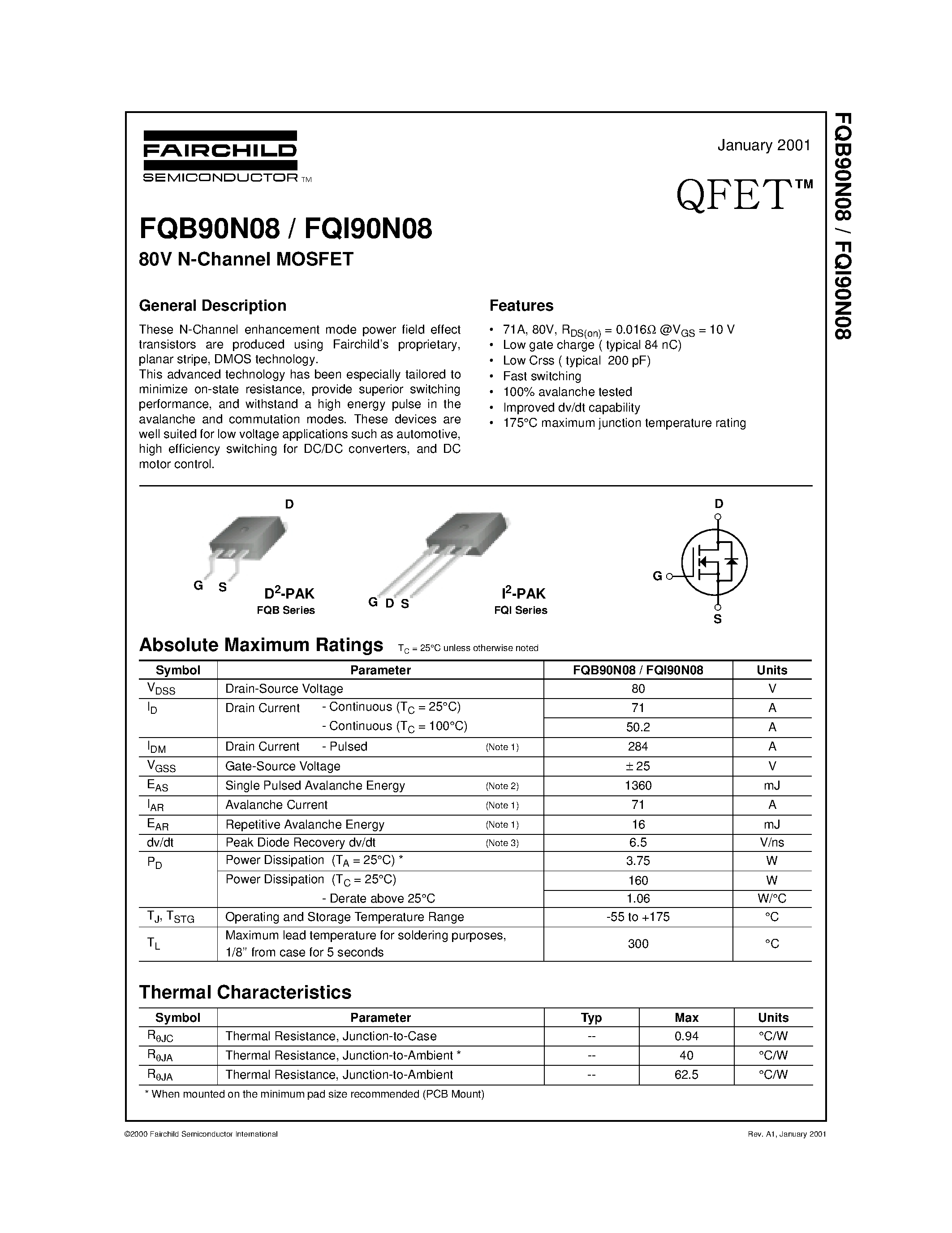 Datasheet FQB90N08 - 80V N-Channel MOSFET page 1