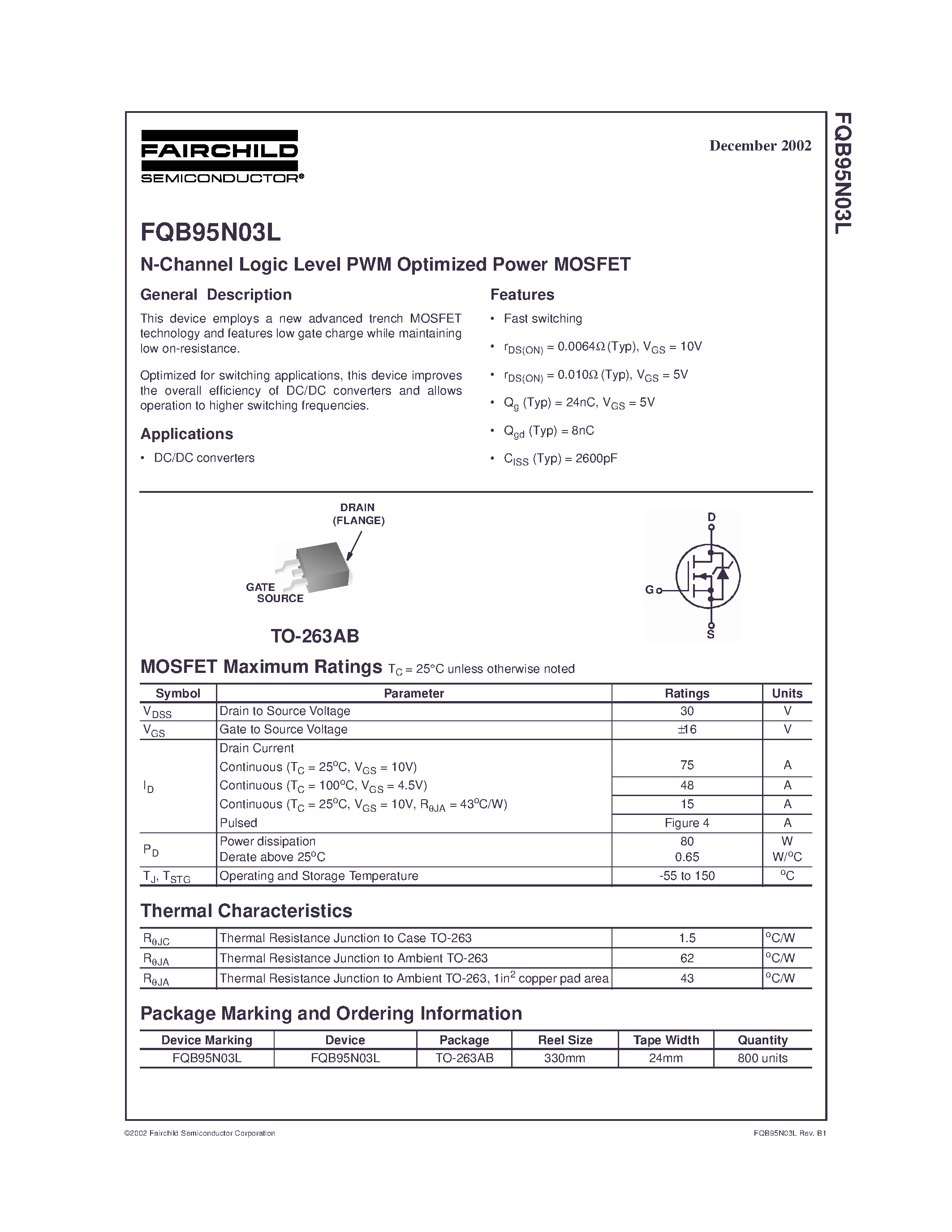 Datasheet FQB95N03L - N-Channel Logic Level PWM Optimized Power MOSFET page 1