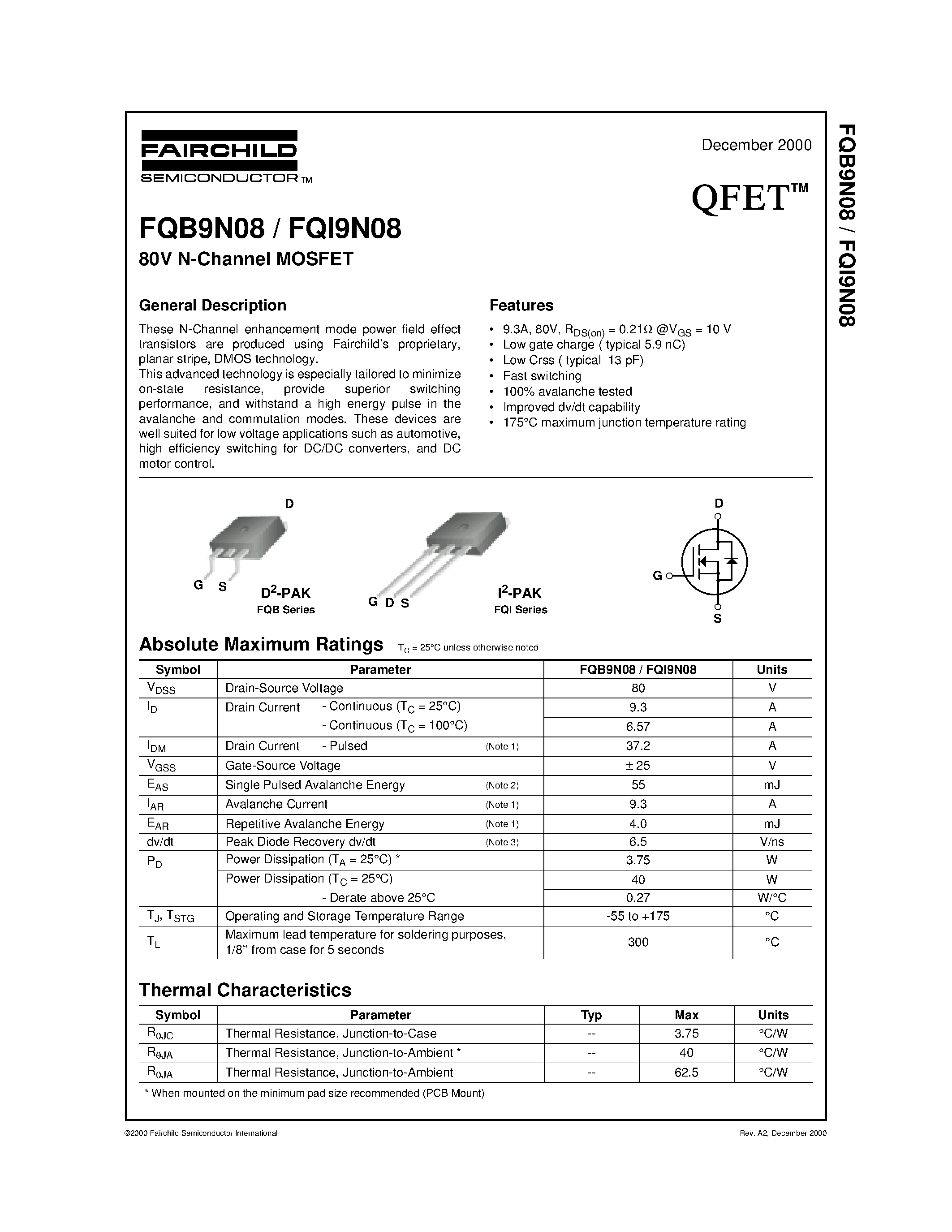 Datasheet FQB9N08 - 80V N-Channel MOSFET page 1