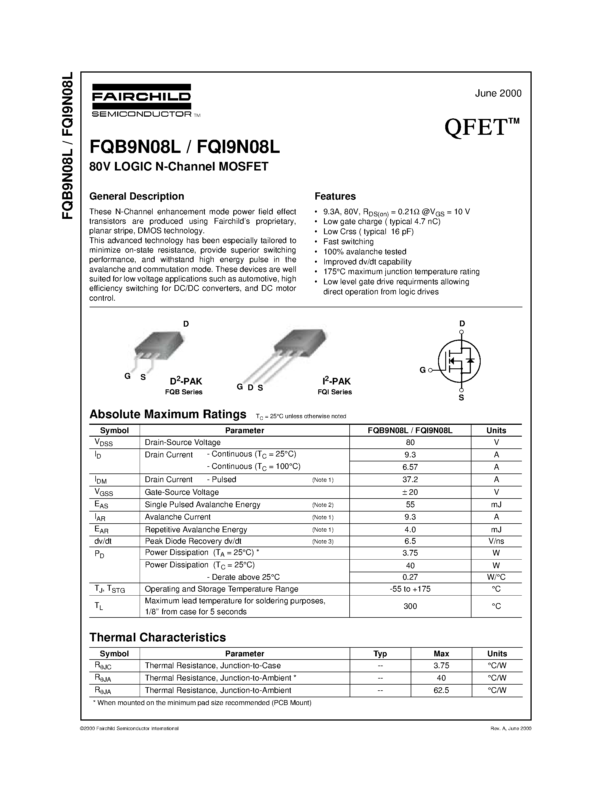 Datasheet FQB9N08L - 80V LOGIC N-Channel MOSFET page 1