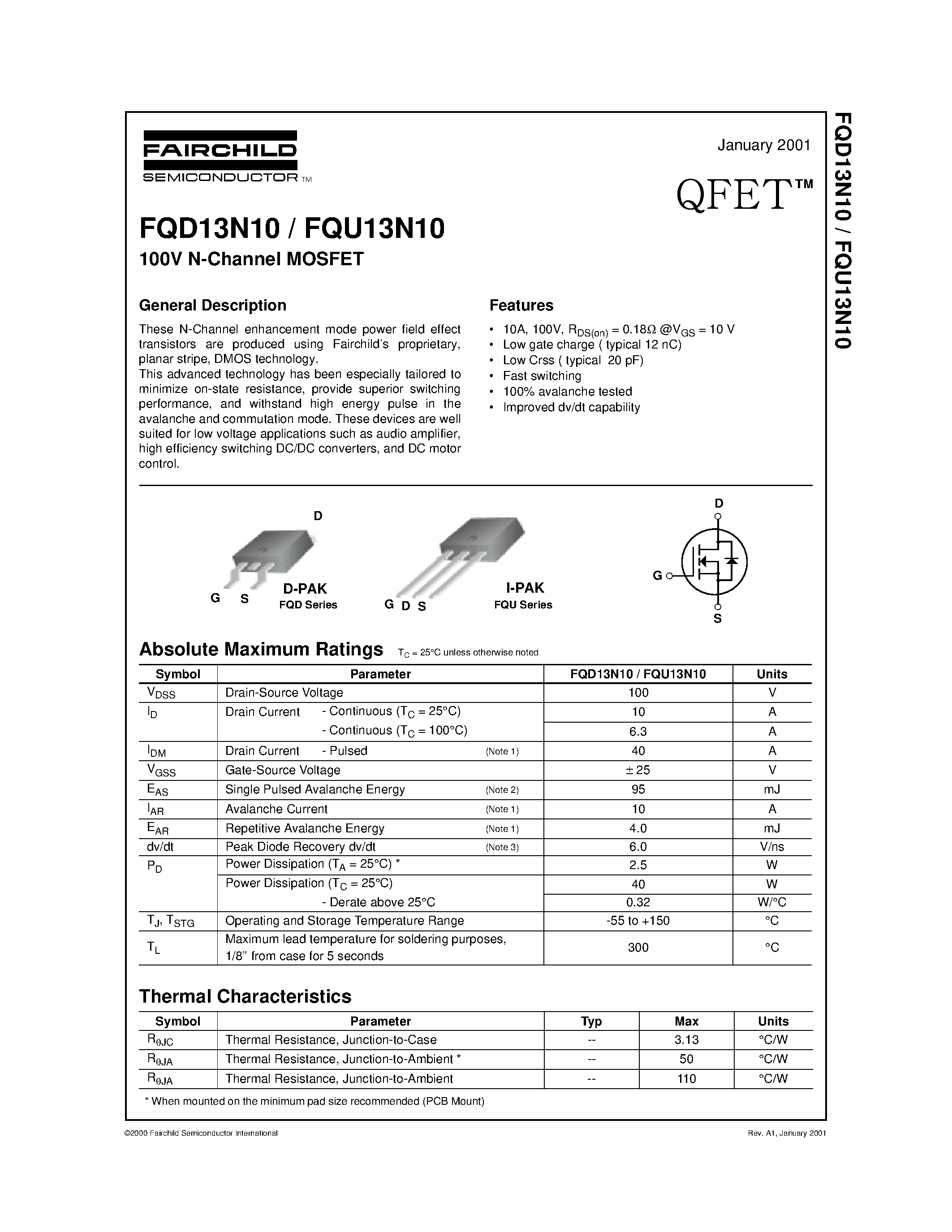 Даташит FQD13N10 - 100V N-Channel MOSFET страница 1