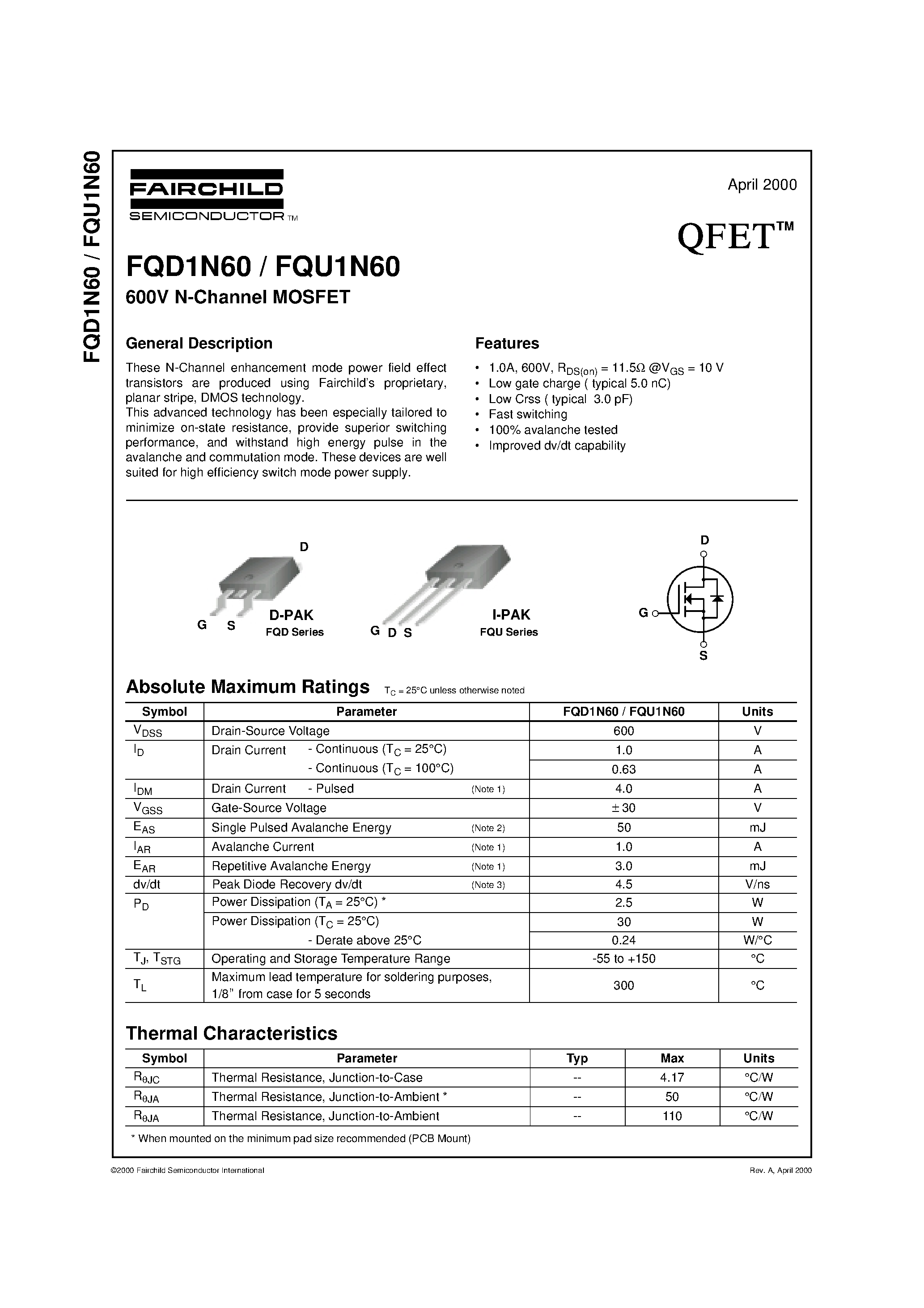 Даташит FQD1N60 - 600V N-Channel MOSFET страница 1