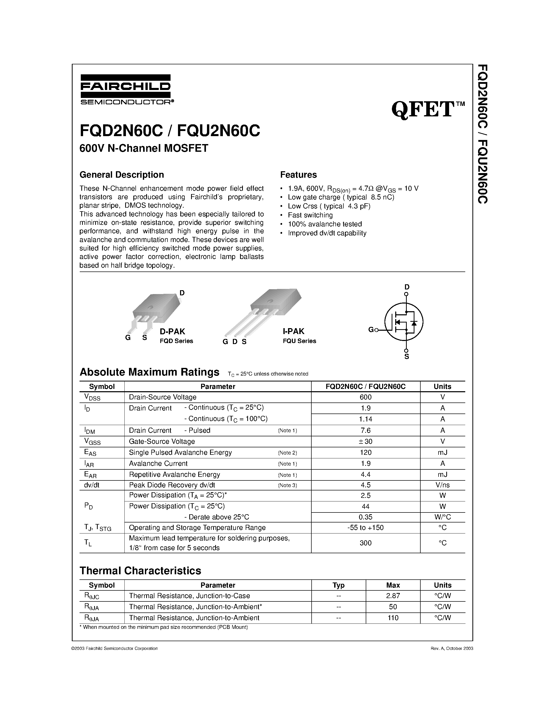 Даташит FQD2N60C - 600V N-Channel MOSFET страница 1