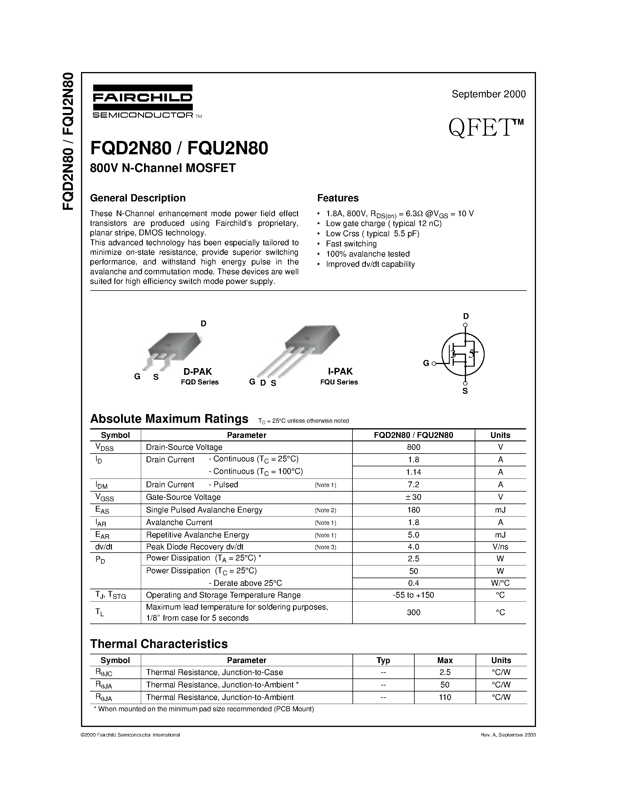 Даташит FQD2N80 - 800V N-Channel MOSFET страница 1