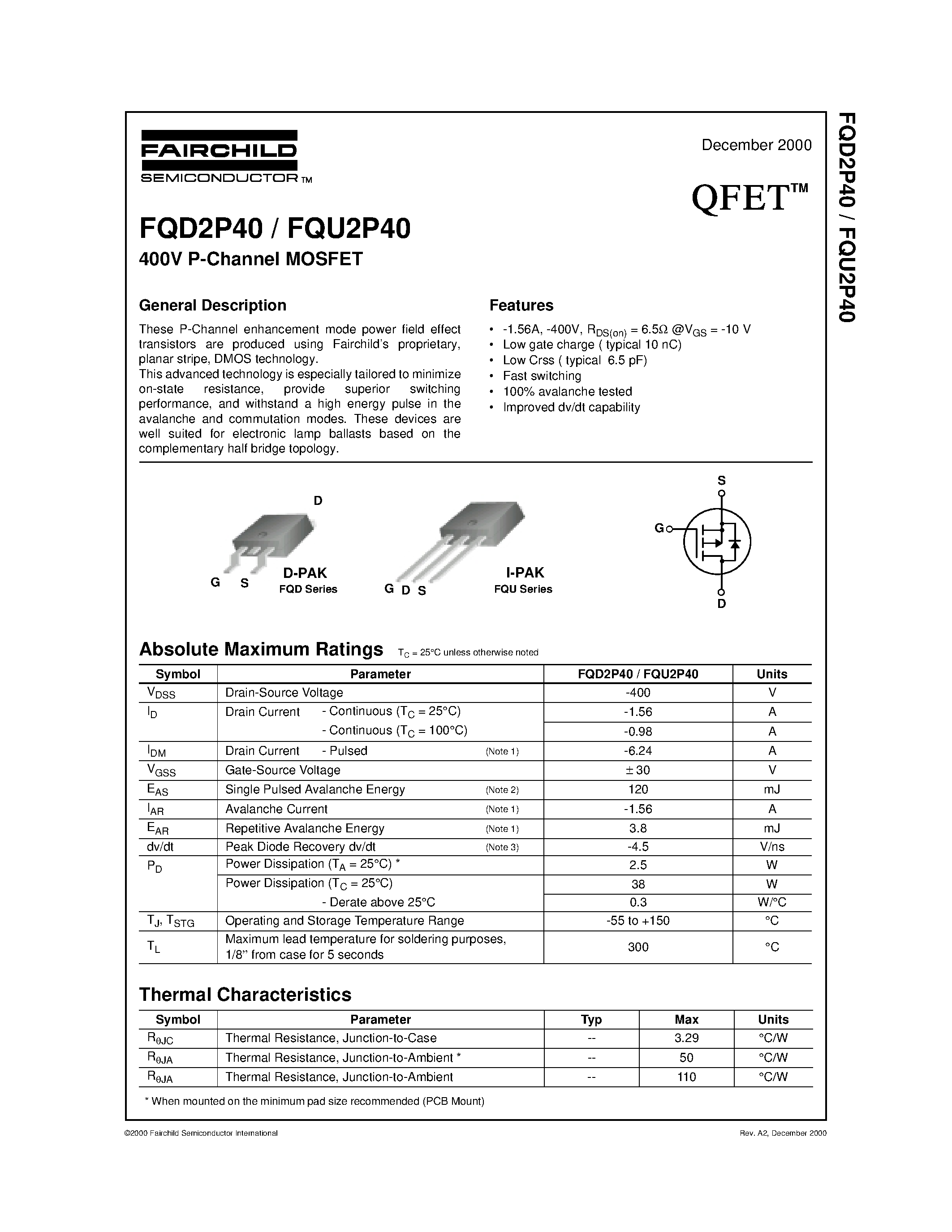 Даташит на микросхему FQD2P40 страница 1 Даташит FQD2P40 - 400V P-Channel MOSFET страница 1