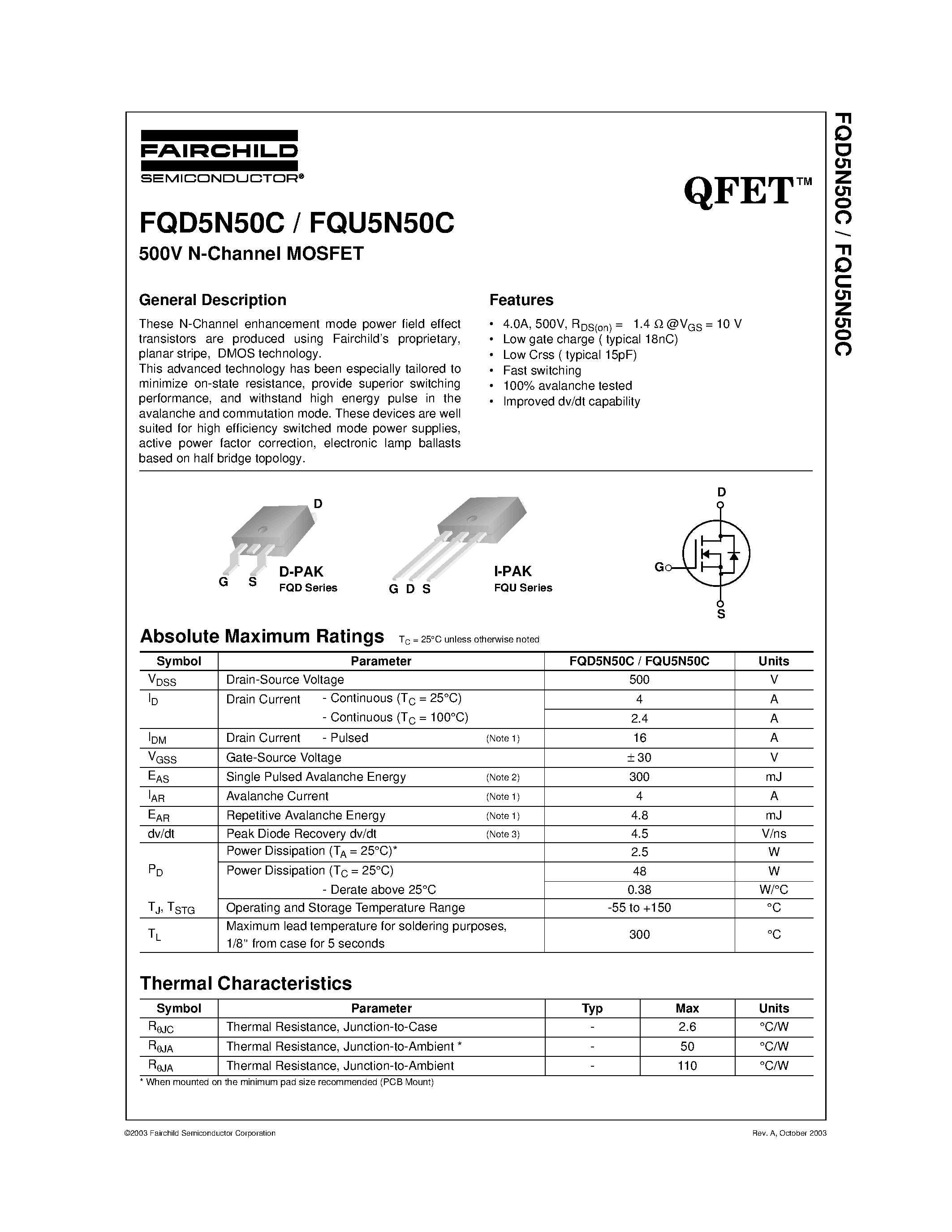 Даташит FQD5N50C - 500V N-Channel MOSFET страница 1