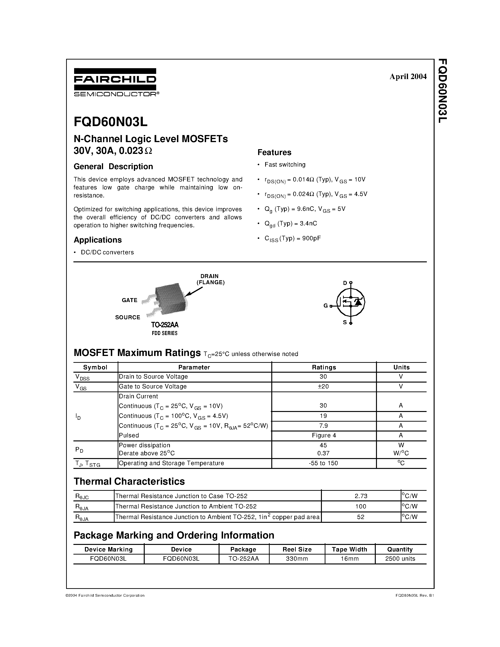Даташит на микросхему FQD60N03L страница 1 Даташит FQD60N03L - N-Channel Logic Level MOSFETs 30V/ 30A/ 0.023ohm страница 1