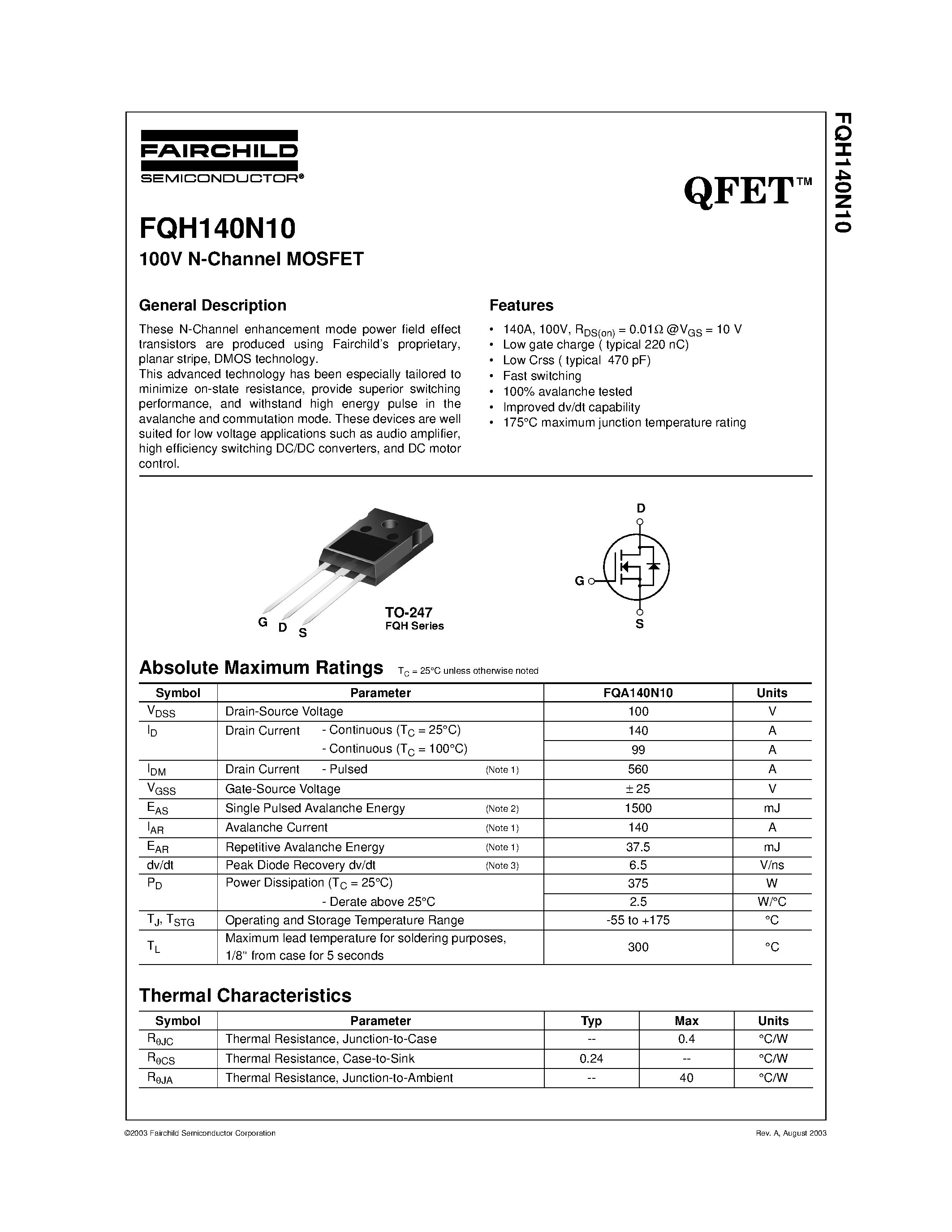 Datasheet FQH140N10 - 100V N-Channel MOSFET page 1