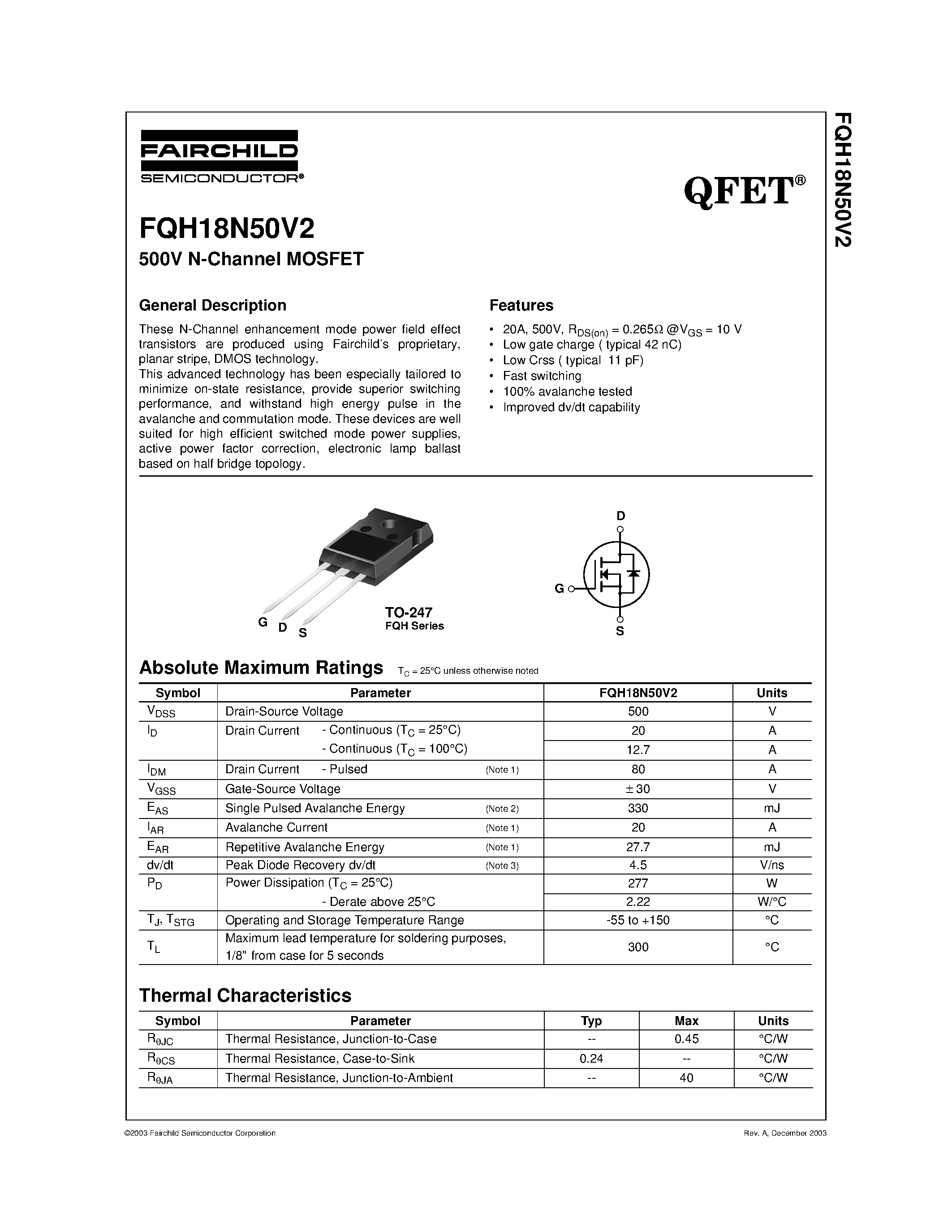 Datasheet FQH18N50V2 - 500V N-Channel MOSFET page 1