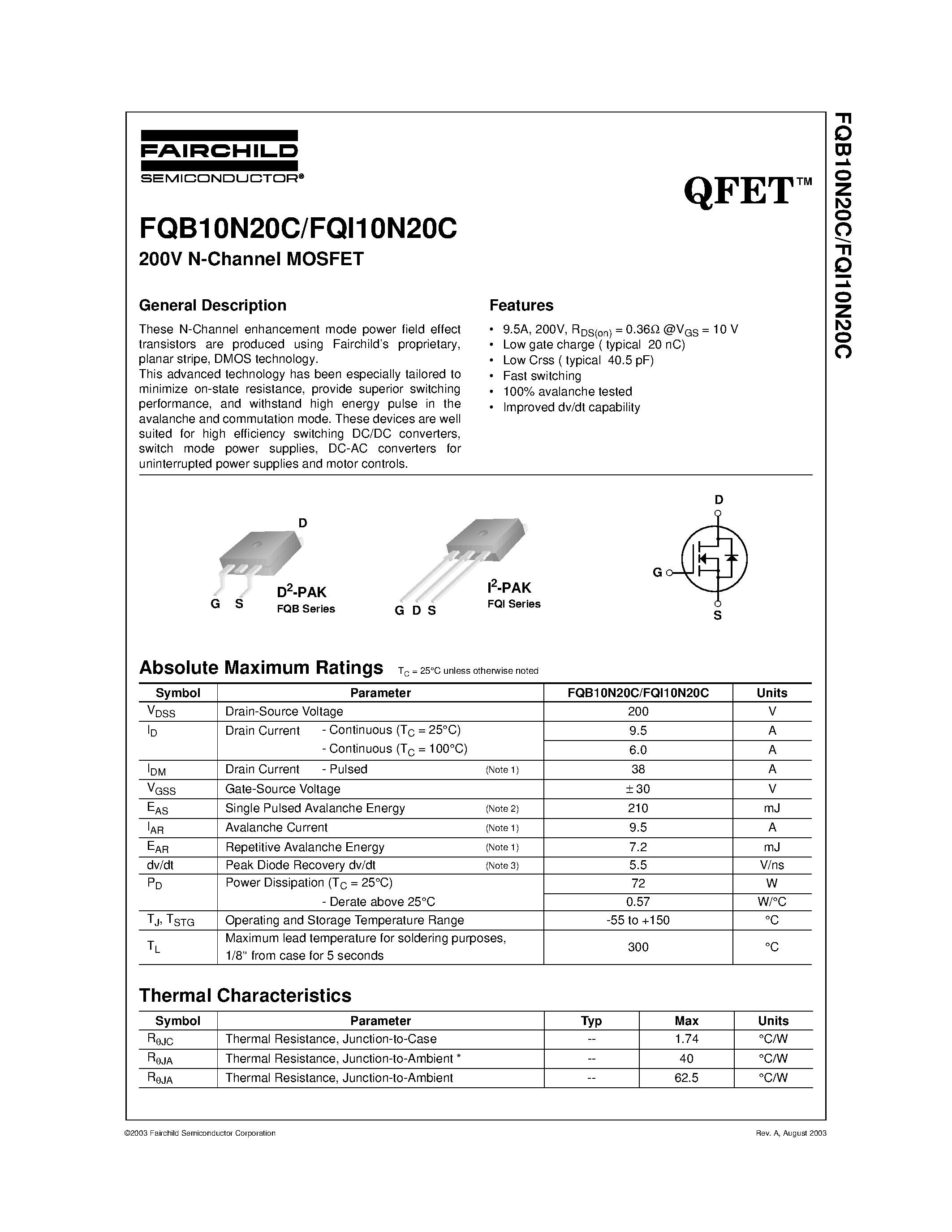 Datasheet FQI10N20C - 200V N-Channel MOSFET page 1