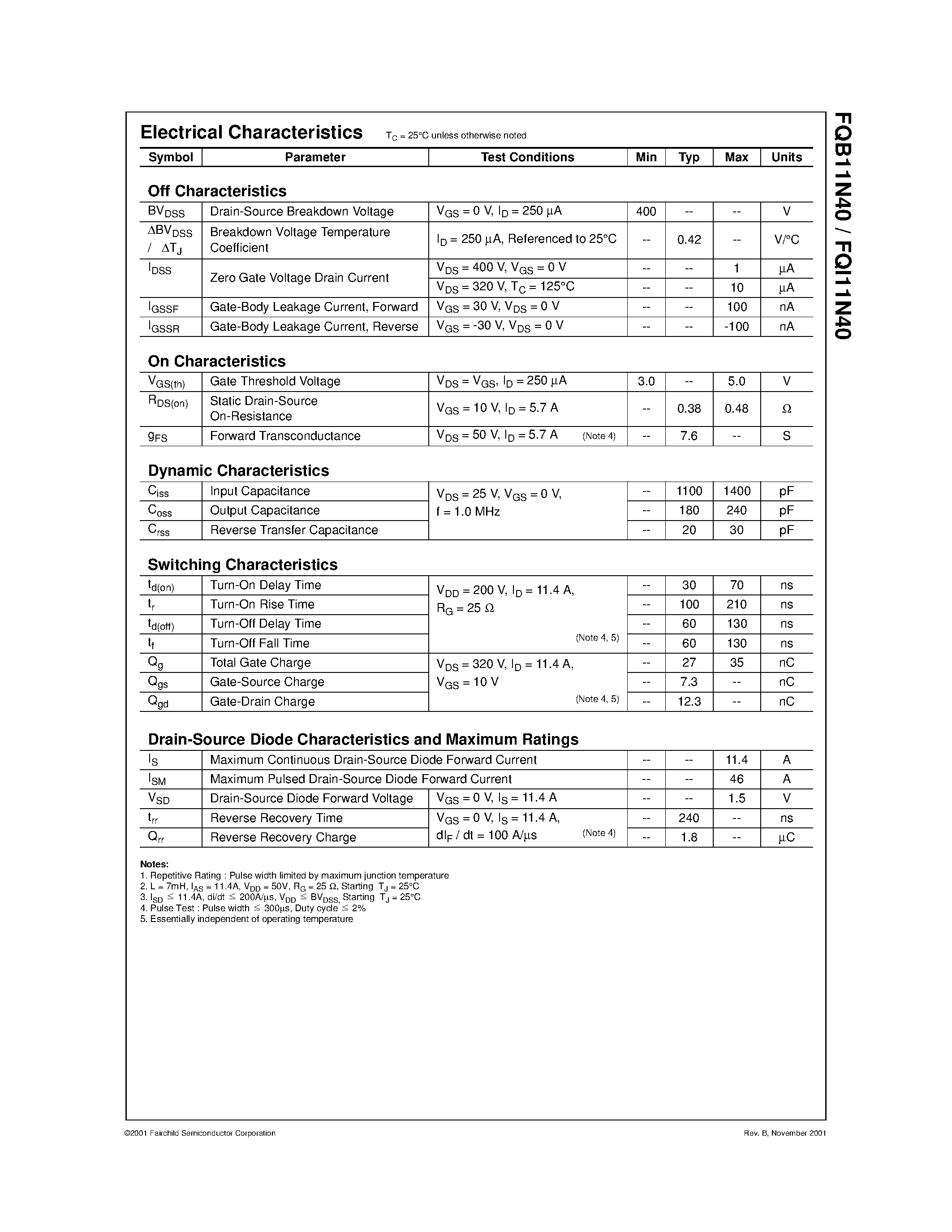 Datasheet FQI11N40 - 400V N-Channel MOSFET page 2
