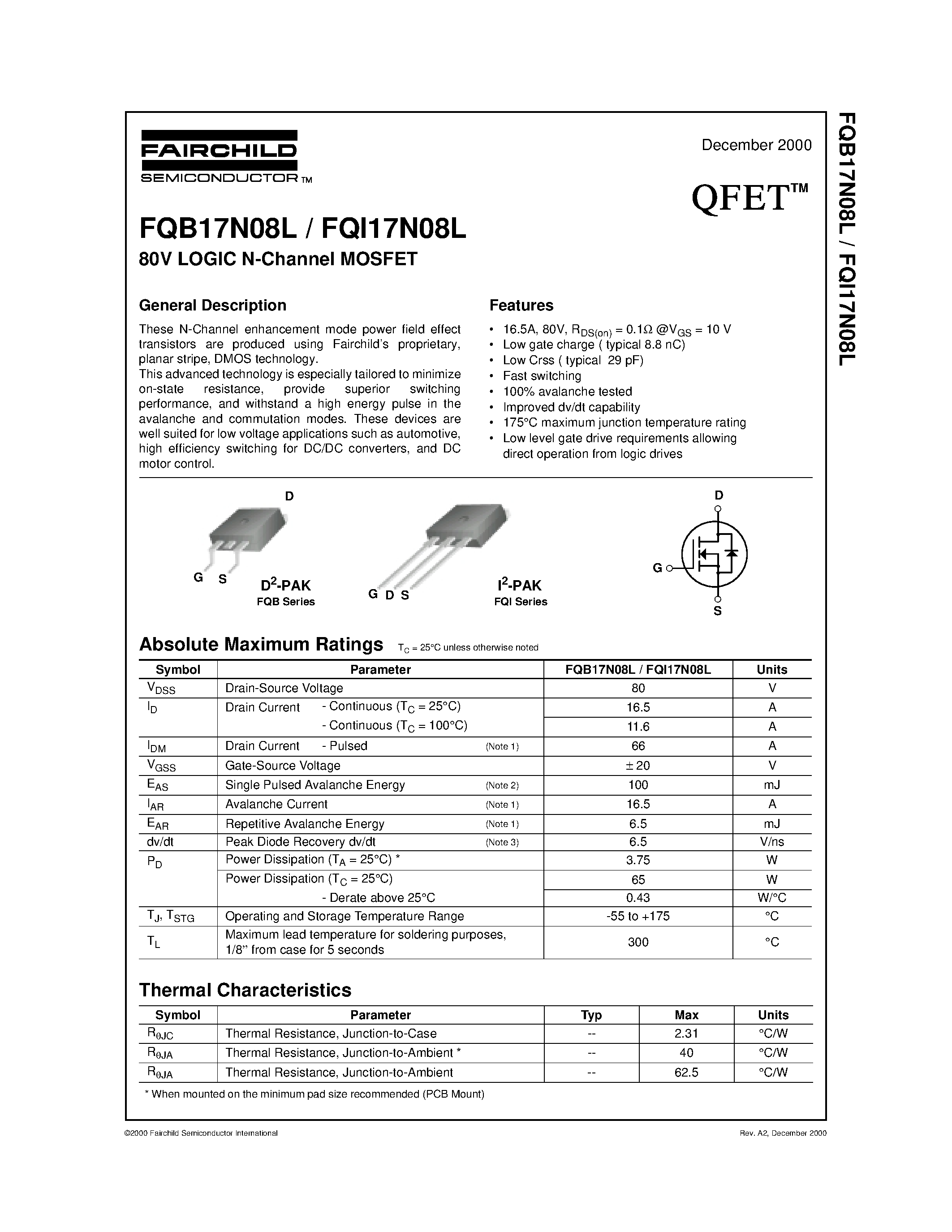 Datasheet FQI17N08L - 80V LOGIC N-Channel MOSFET page 1