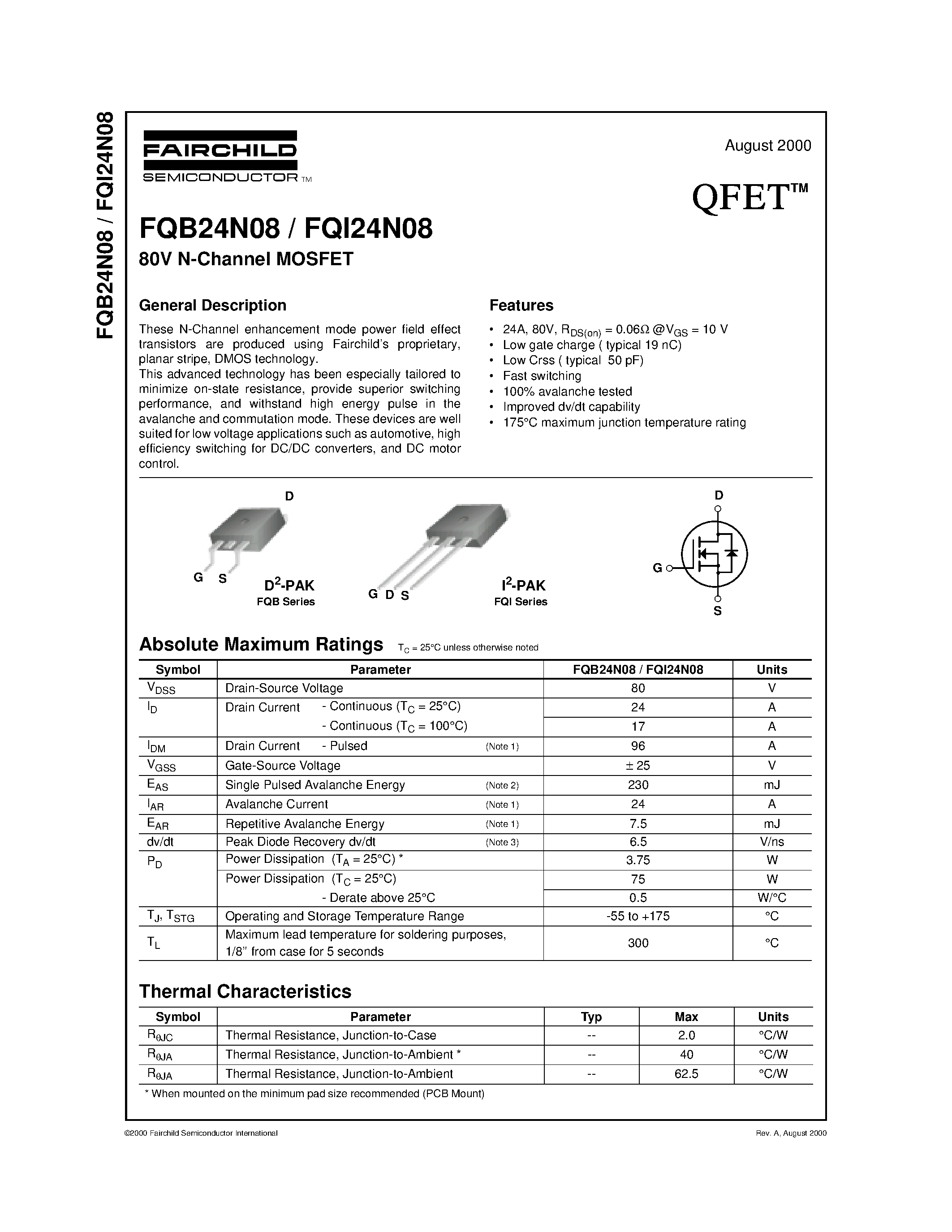 Datasheet FQI24N08 - 80V N-Channel MOSFET page 1
