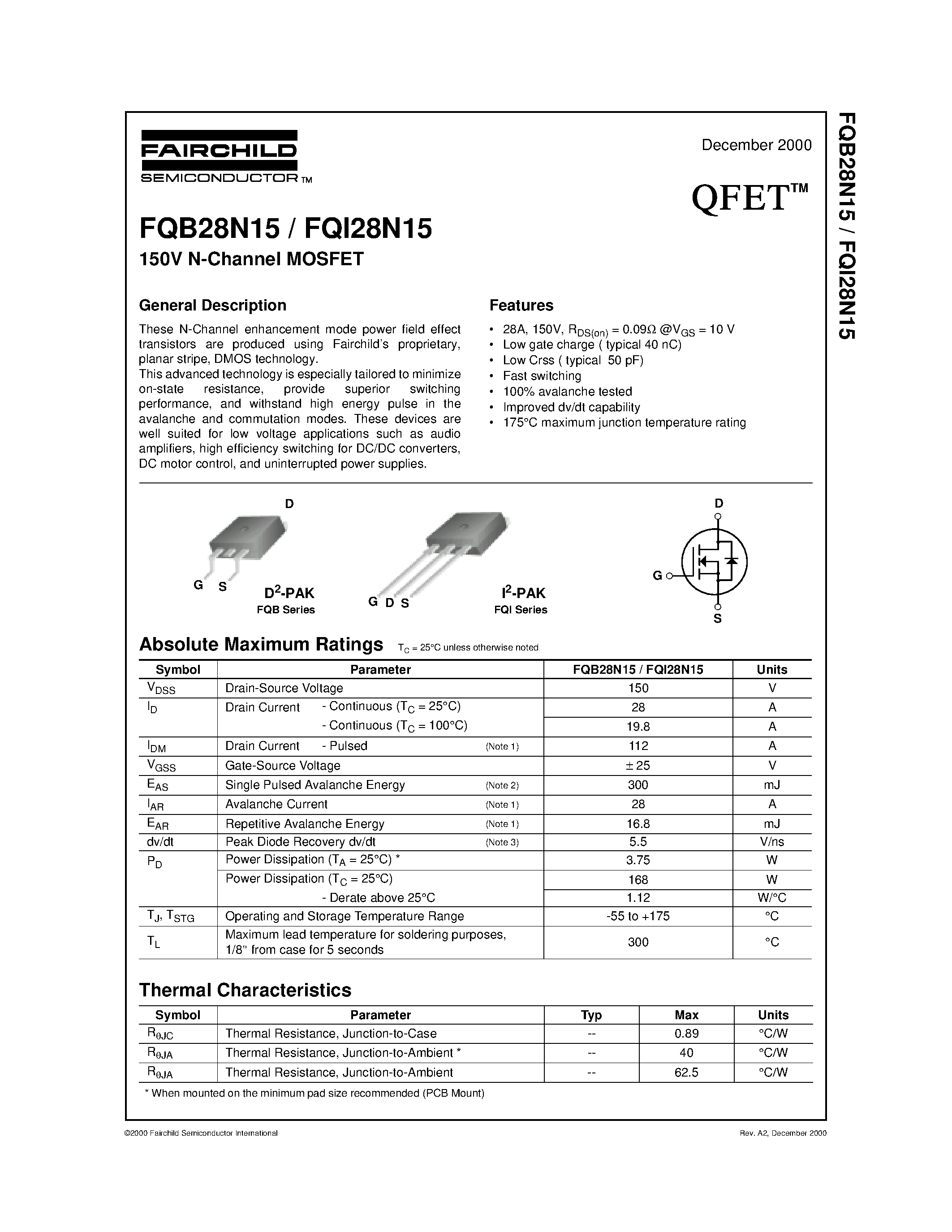 Datasheet FQI28N15 - 150V N-Channel MOSFET page 1