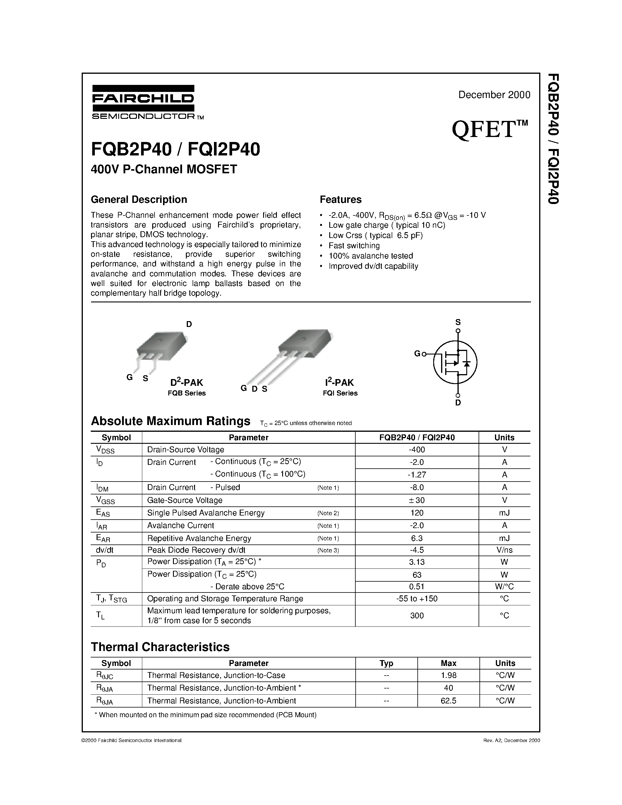Datasheet FQI2P40 page 1 Datasheet FQI2P40 - 400V P-Channel MOSFET page 1